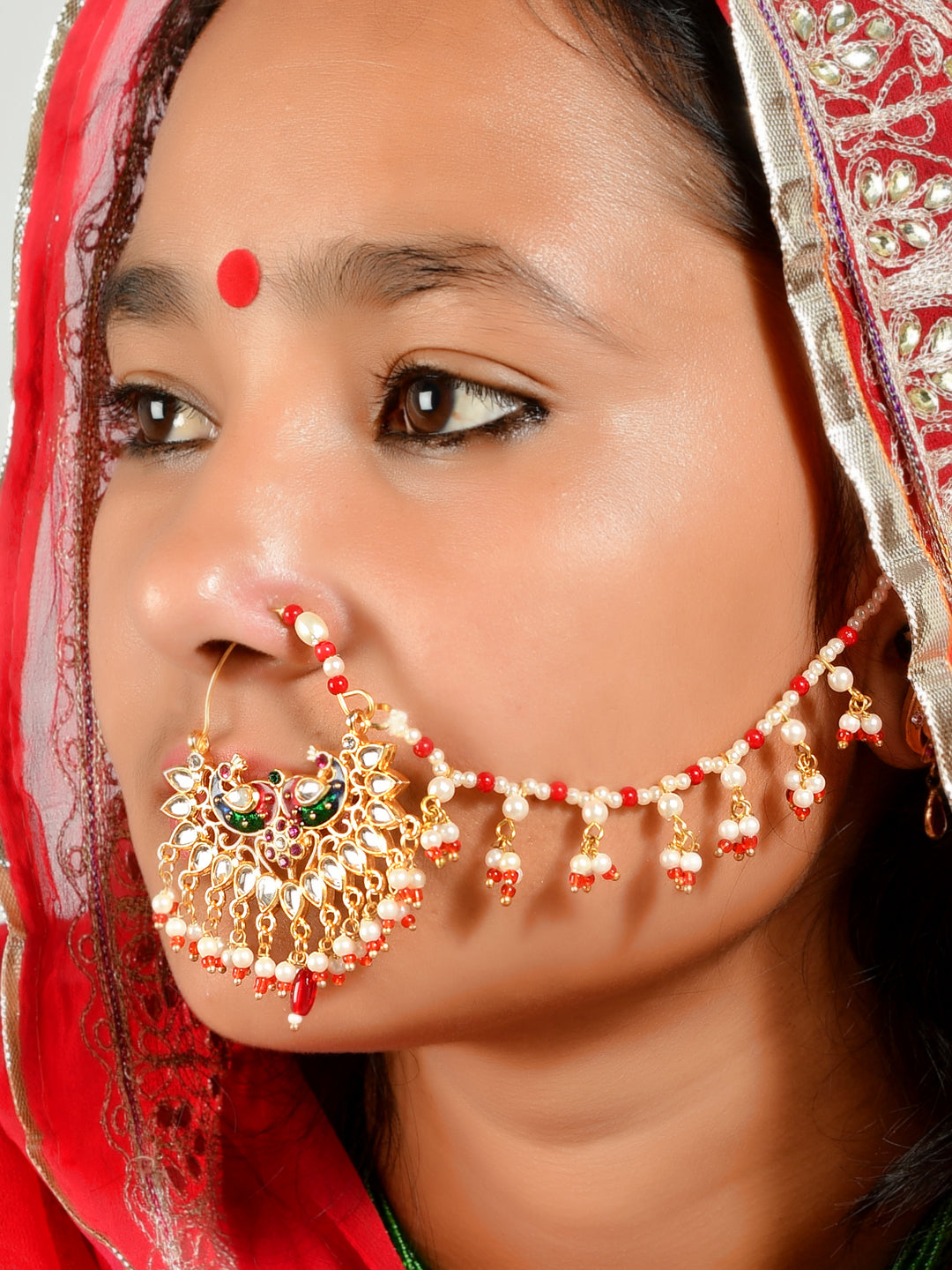 Bridal Nose Ring With Chain Traditional Imitation Jewellery Online N20125G  | JewelSmart.in