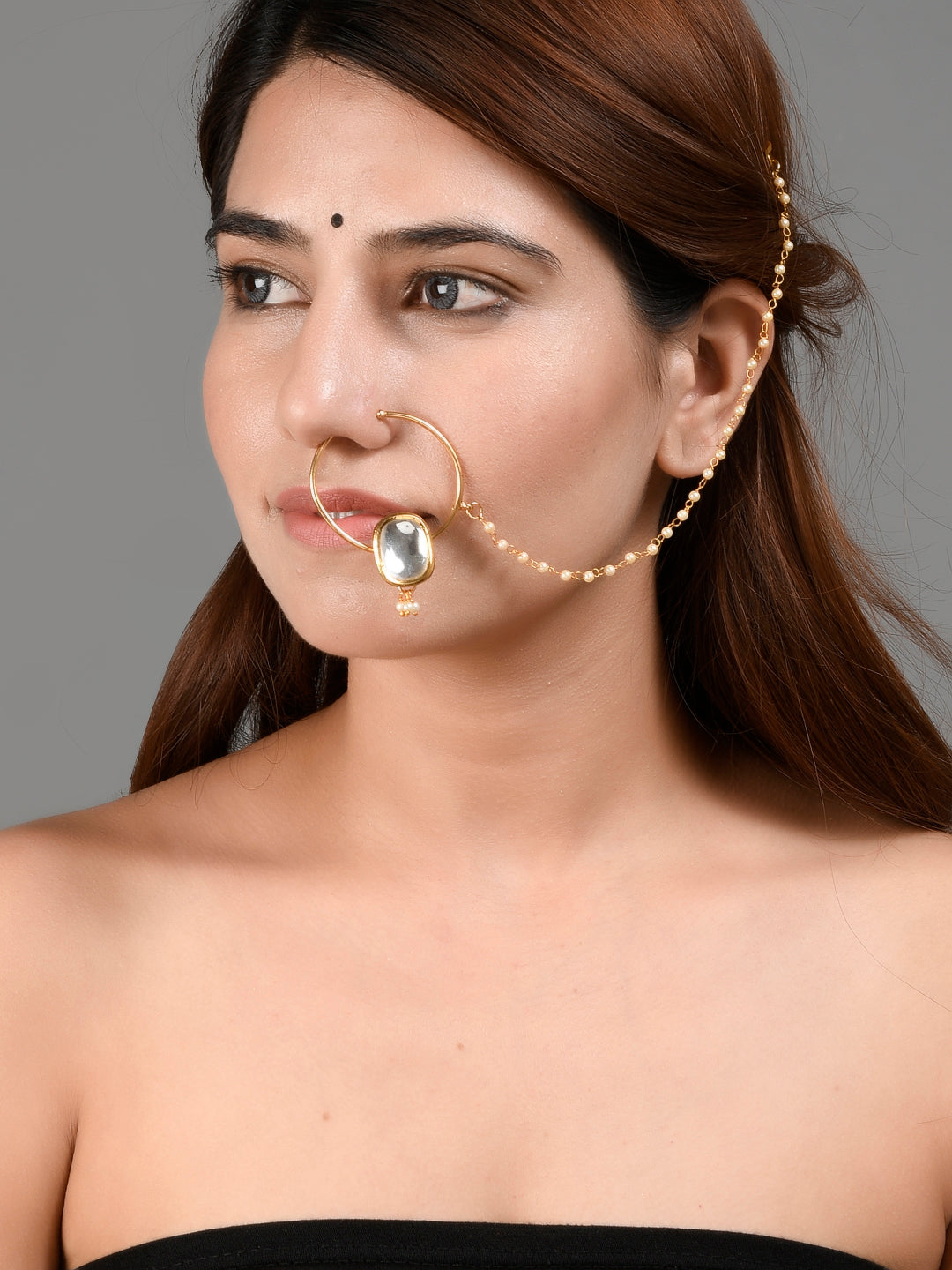Buy AccessHer Gold-Plated Vilandi Kundan Stone and Pearl-Studded Chained Nose  Ring online