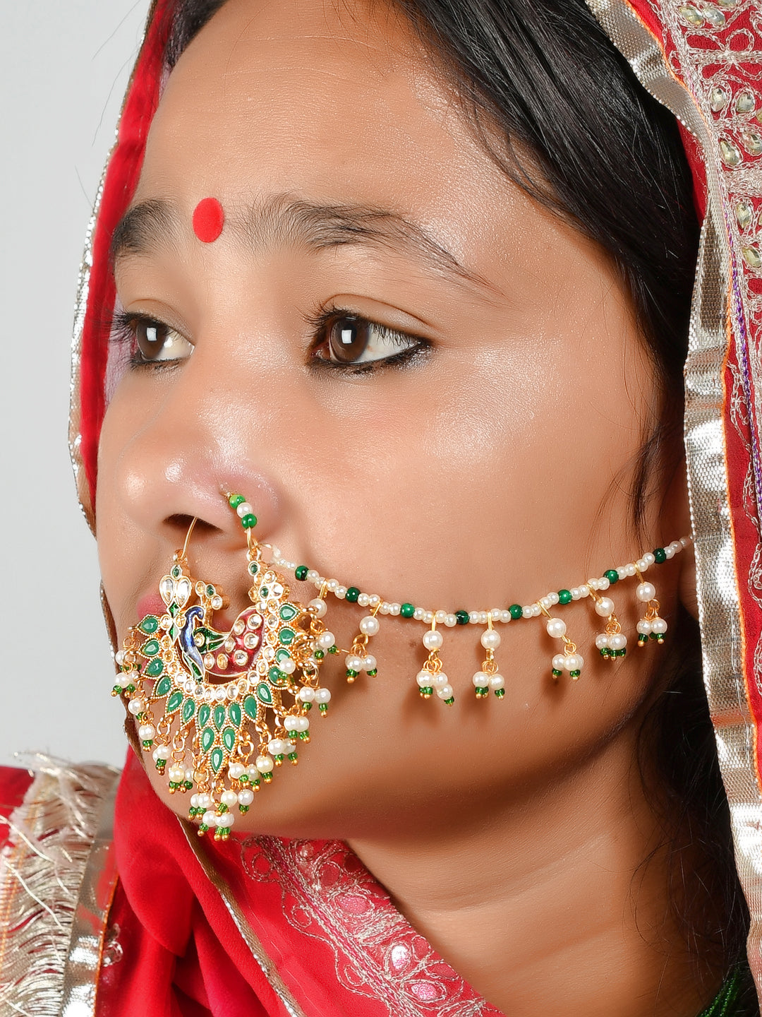 Gold Plated Green Pearls Studded Peacock Bridal Nose Ring