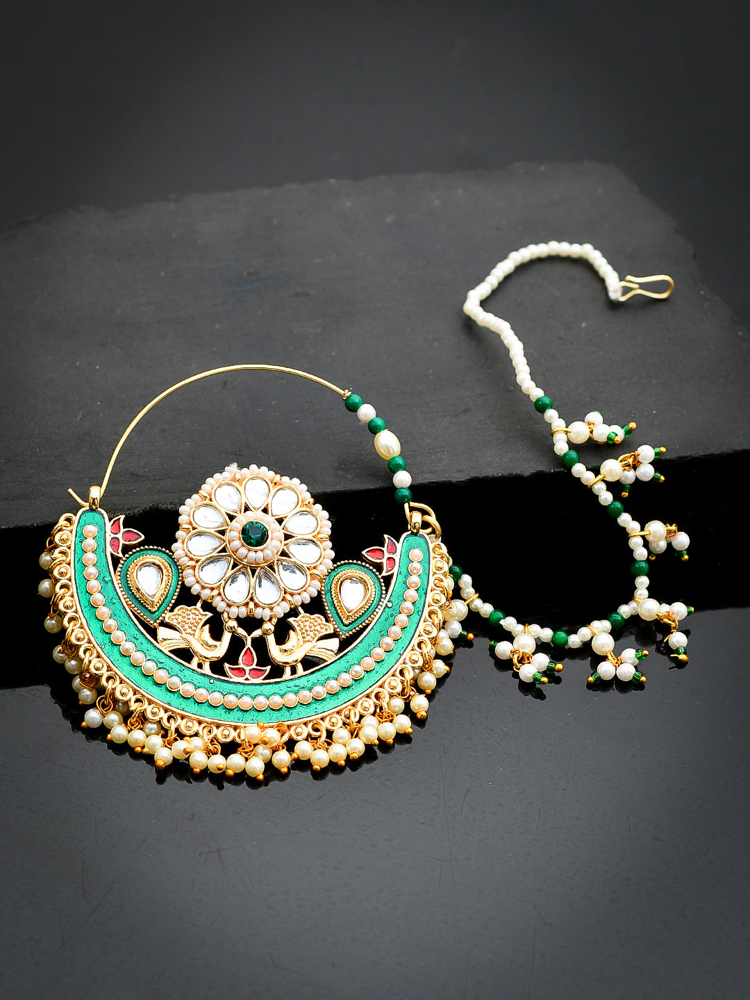 ZEVAR I Gold-Plated Kundan-Studded Pearl Beaded Chained Nose Ring – Zevar