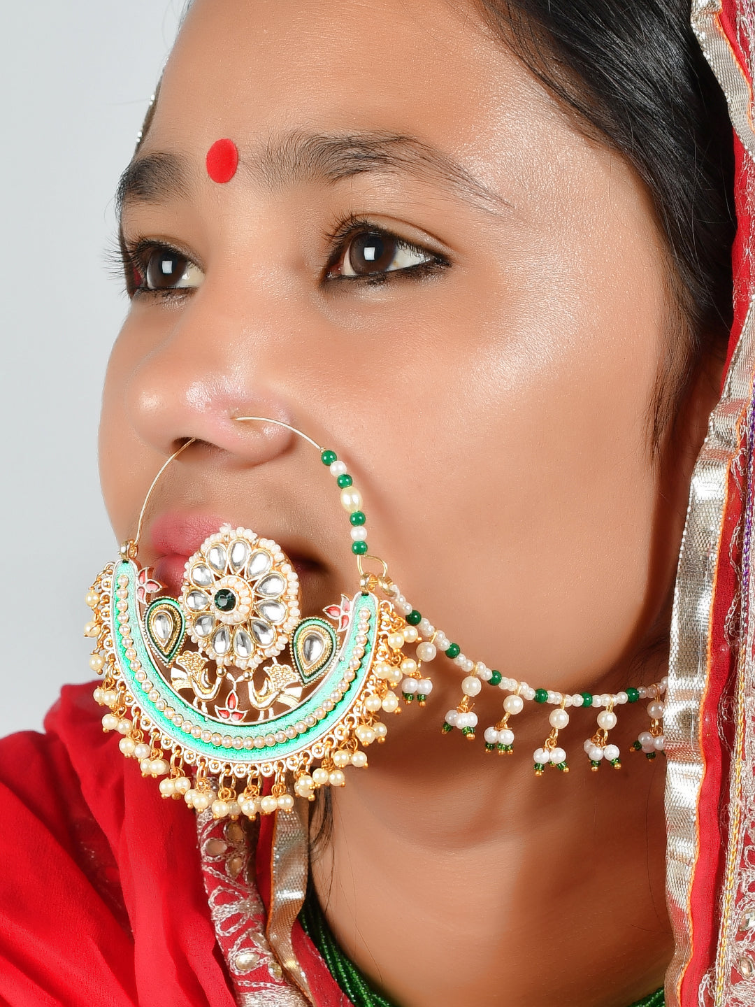Gold Plated White Green Stone Studded Pearl Beaded Nose Ring