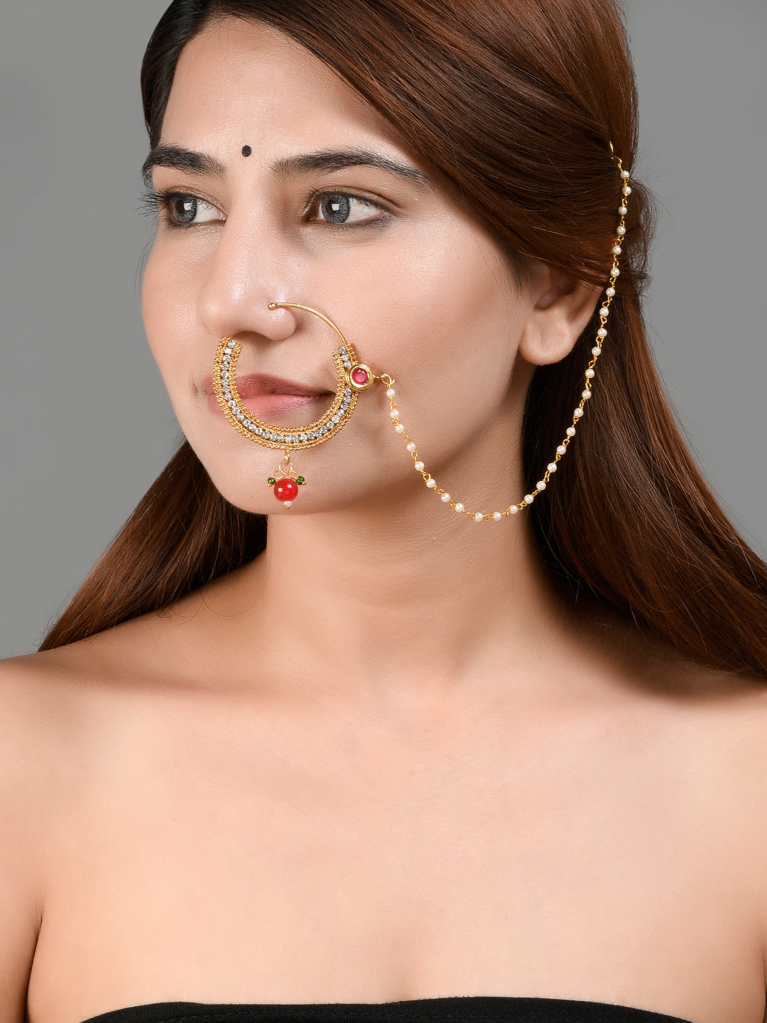 Women Gold Plated Kundan Stone Studded Chained Nose Ring
