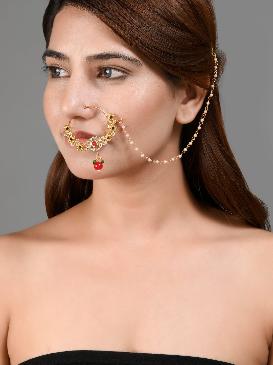 Women Gold Plated Kundan Stone Studded Chain Nose Ring