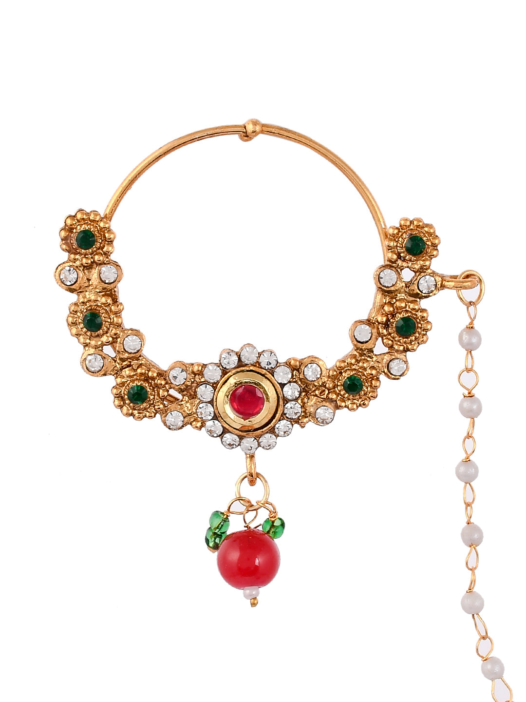 Women Gold Plated Kundan Stone Studded Chain Nose Ring