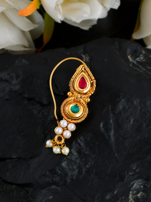 Gold Plated Red Green Stone Studded Beaded Marathi Nosepin