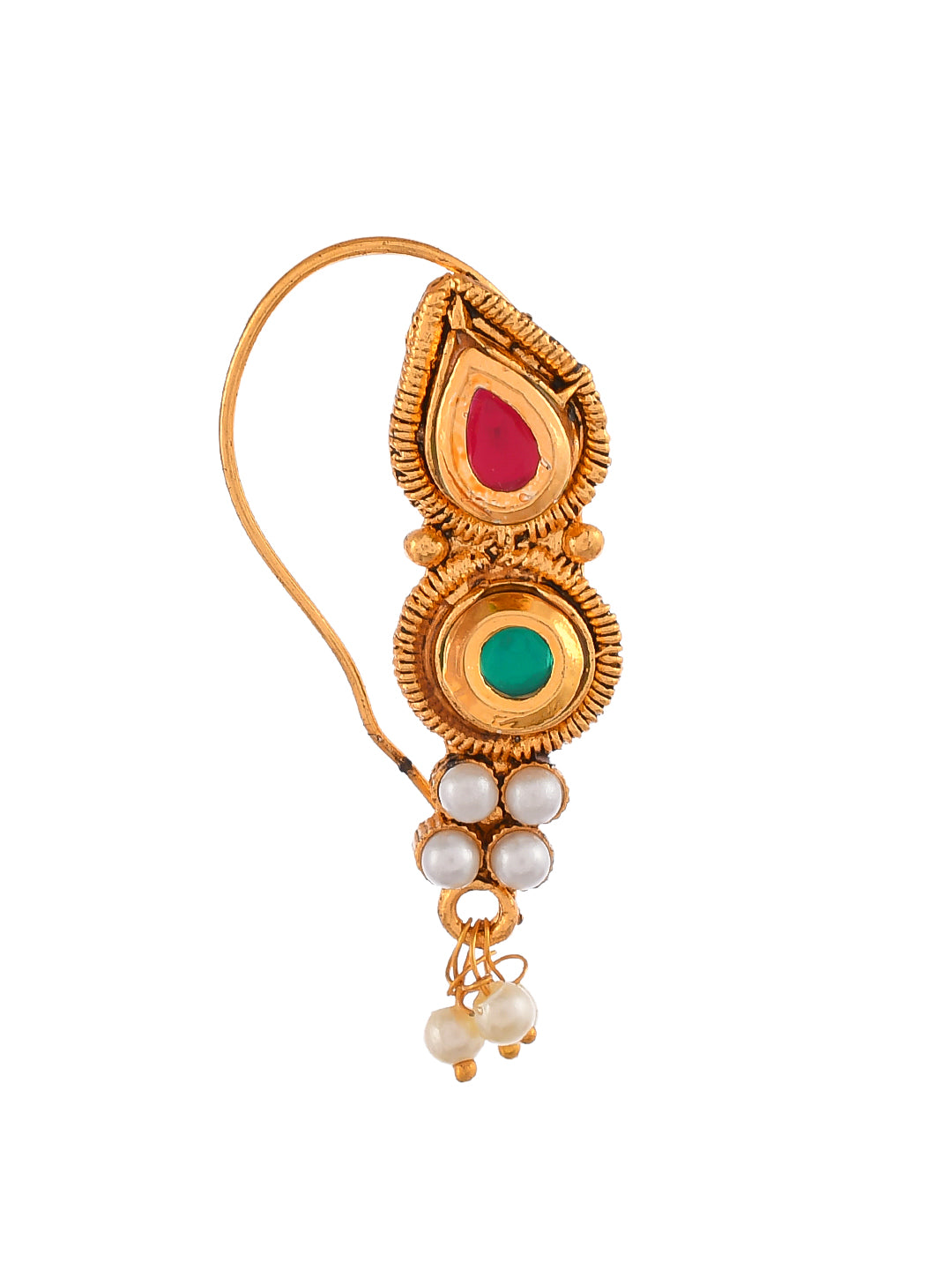 Gold Plated Red Green Stone Studded Beaded Marathi Nosepin