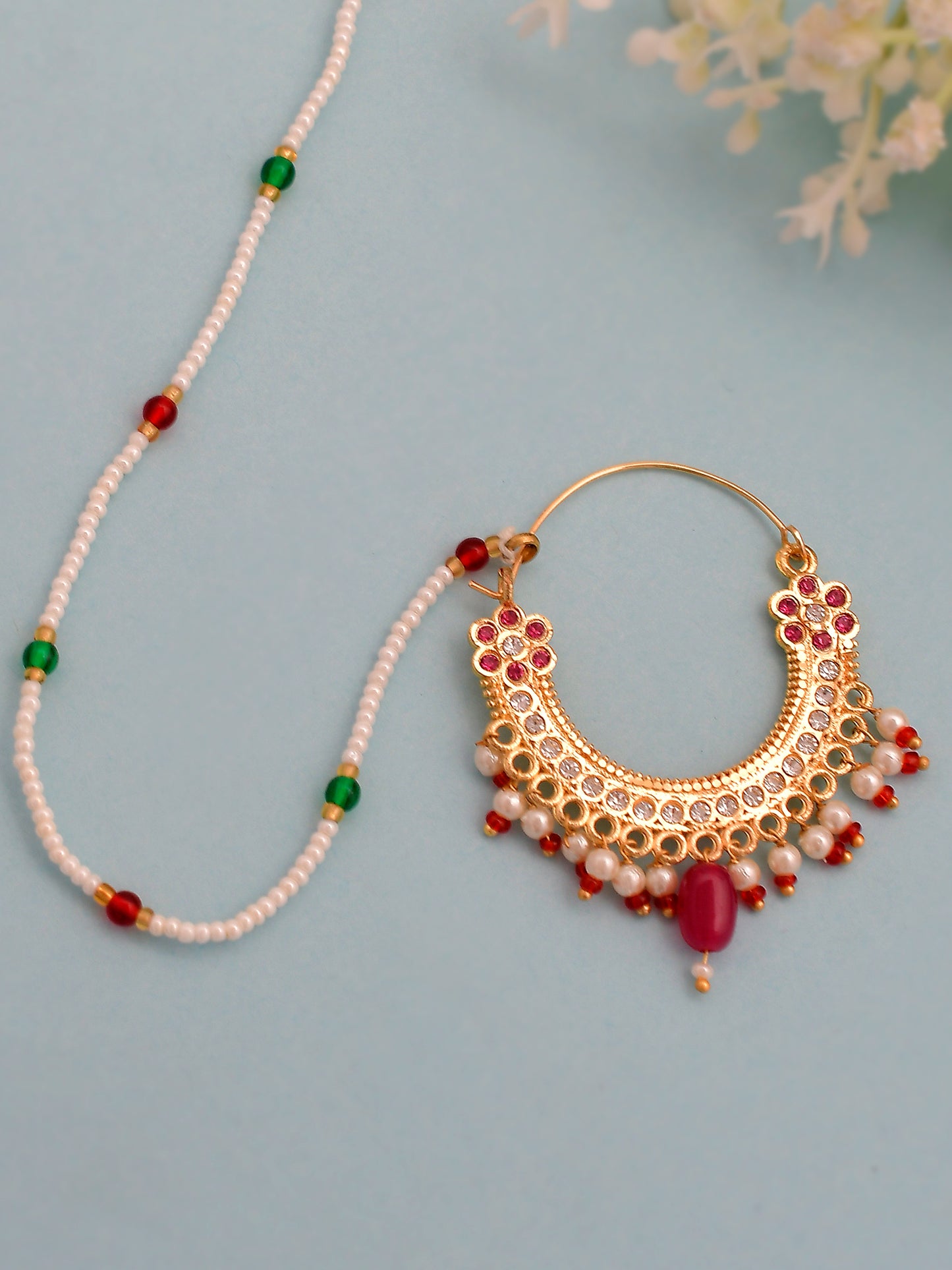 Gold Plated Red & Green Stone Studded Nose Ring With Beaded Chain Online