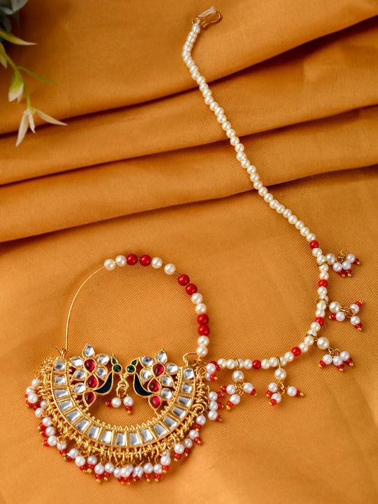 Woman Gold Plated White Red Stone Beaded Meenakari Chain Nose Ring