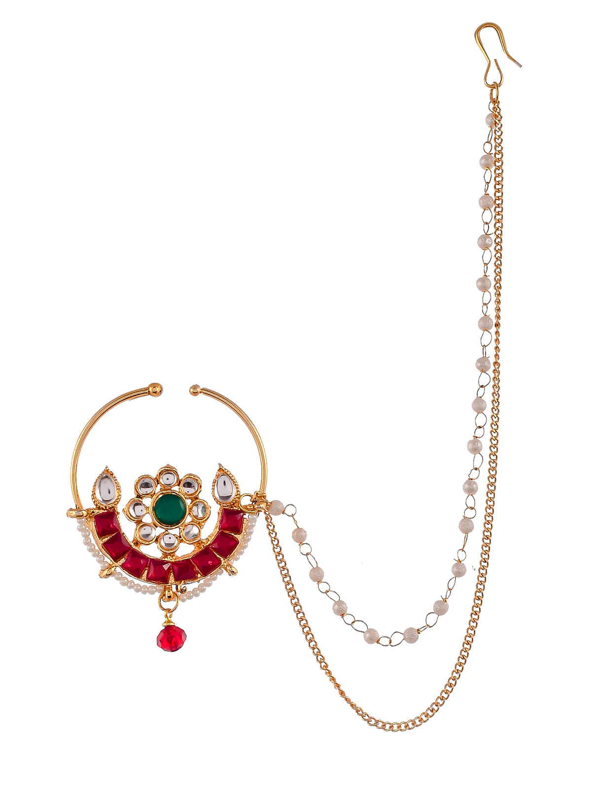 Gold Plated White Green Kundan Studded Pearls Beaded Nose Ring