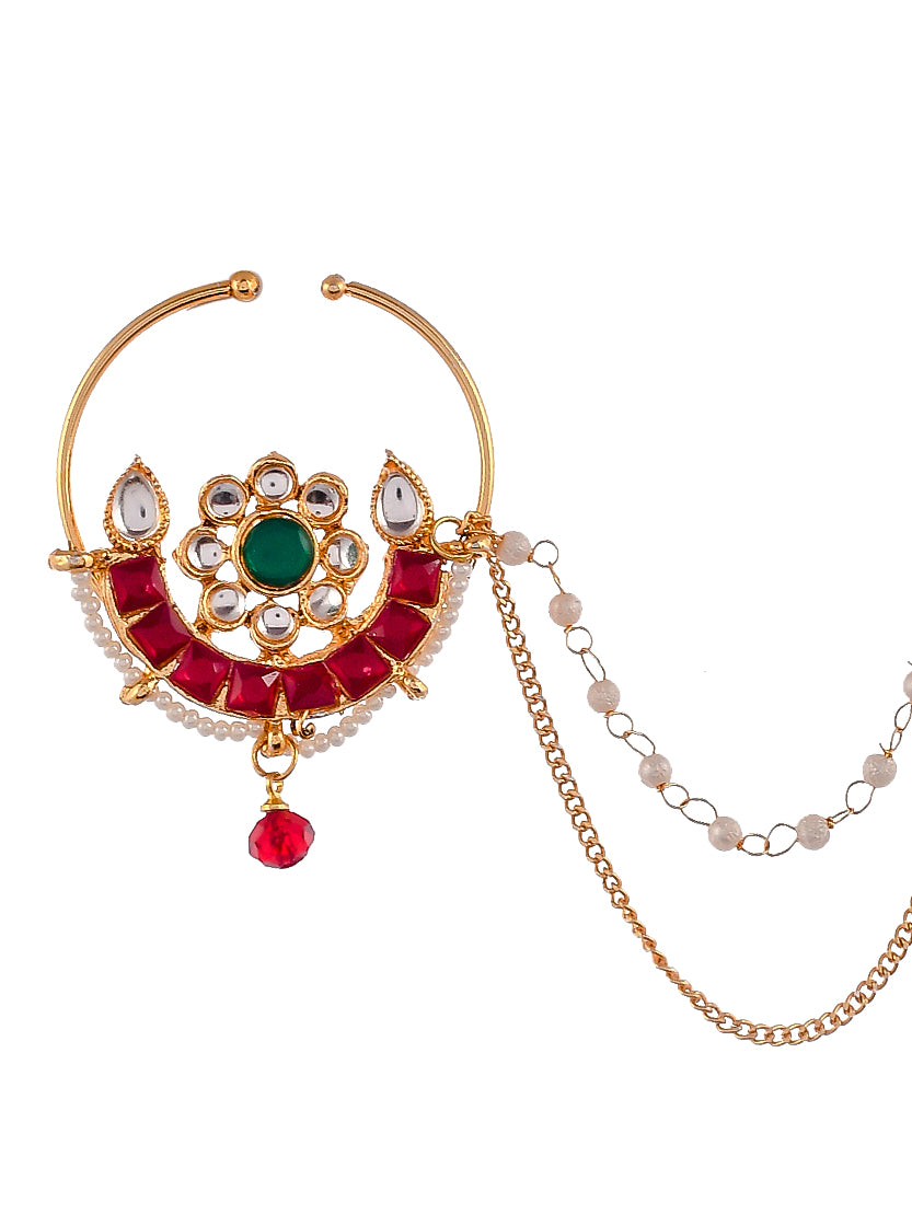 Gold Plated White Green Kundan Studded Pearls Beaded Nose Ring