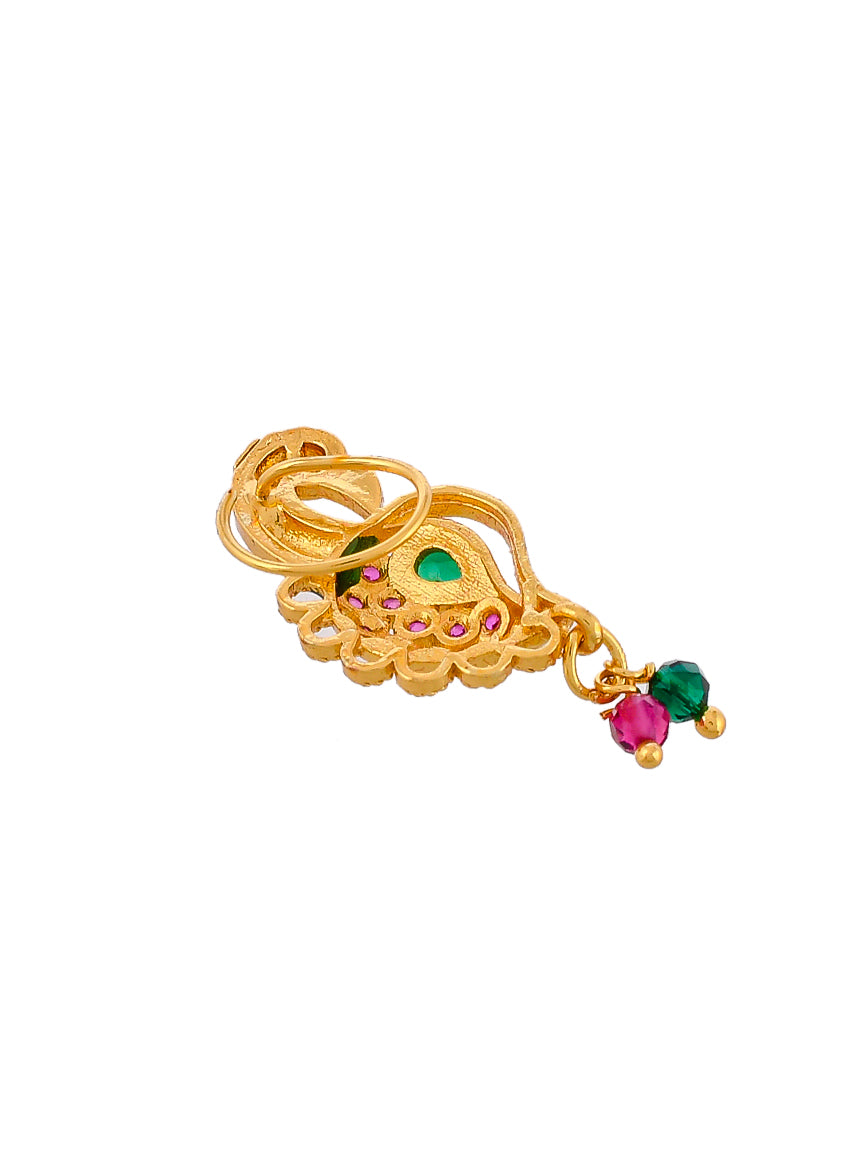 Pink Green Stone Studded Gold Plated Beaded Peacock Nose Stud