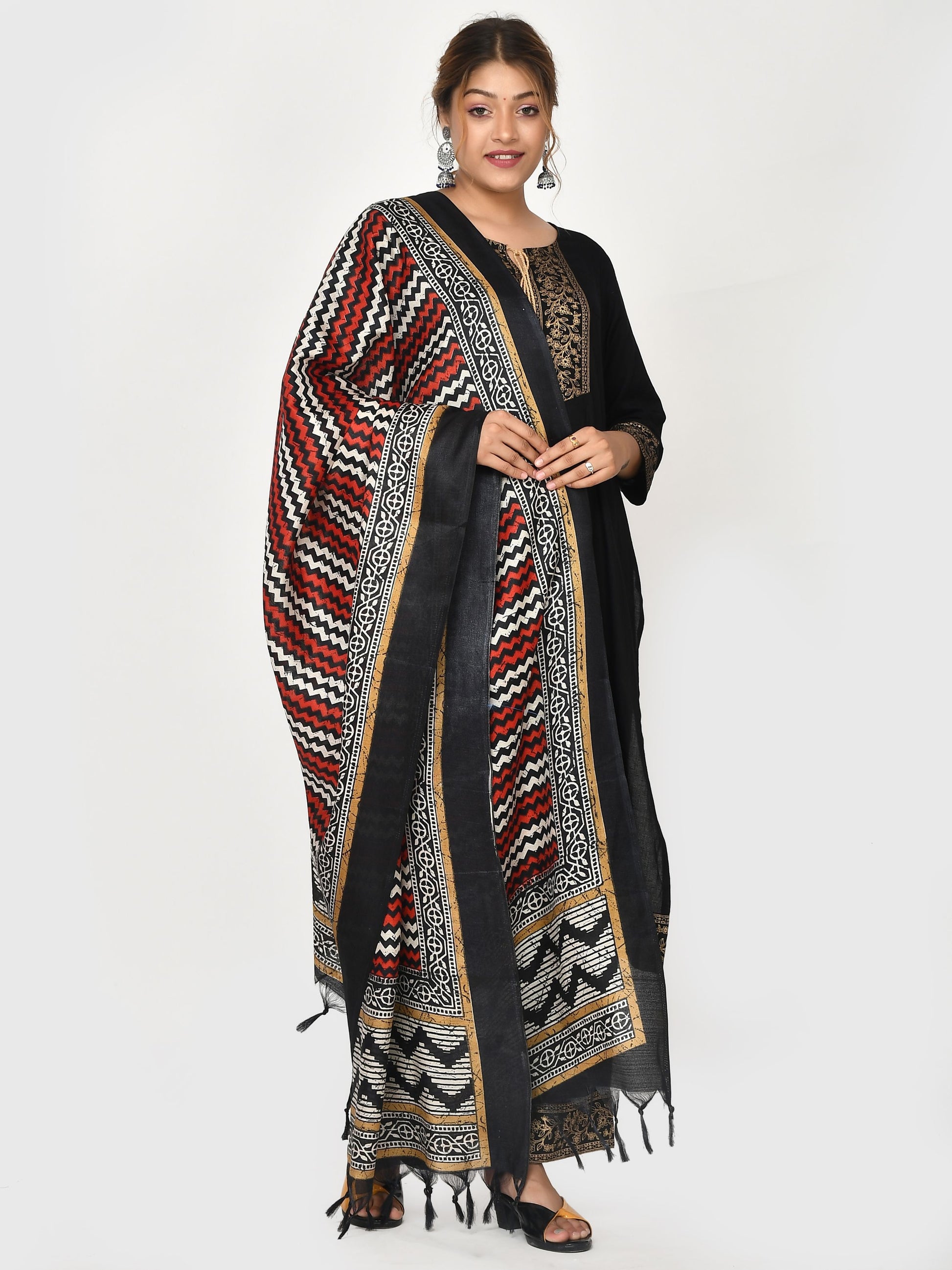 Black Red Striped Patola Printed Dupatta