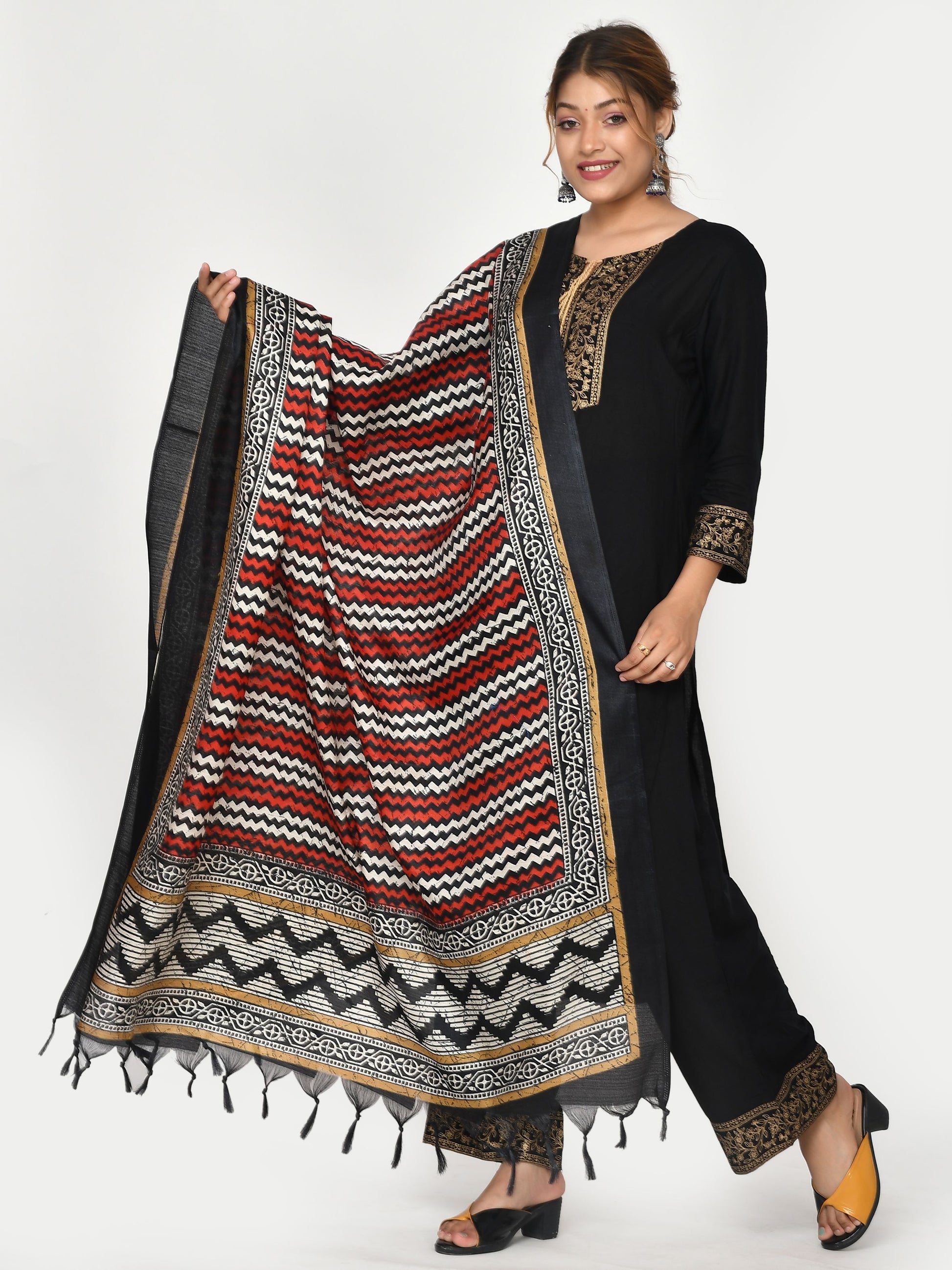 Black Red Striped Patola Printed Dupatta