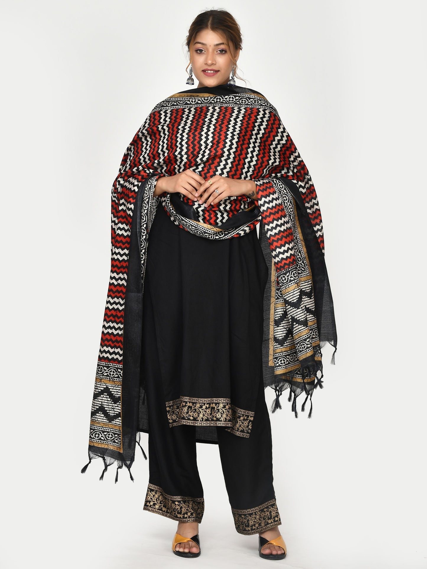 Black Red Striped Patola Printed Dupatta