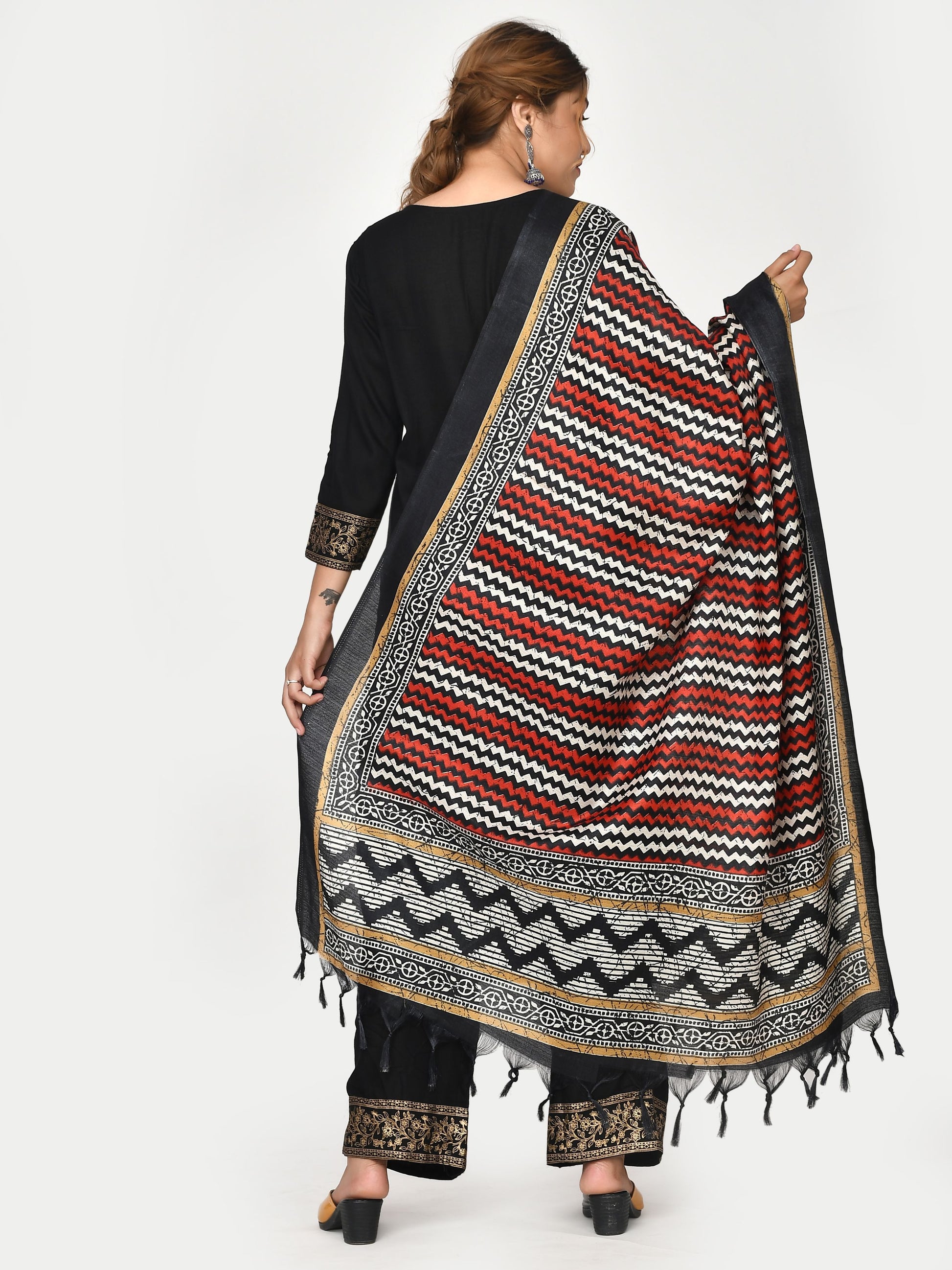 Black Red Striped Patola Printed Dupatta