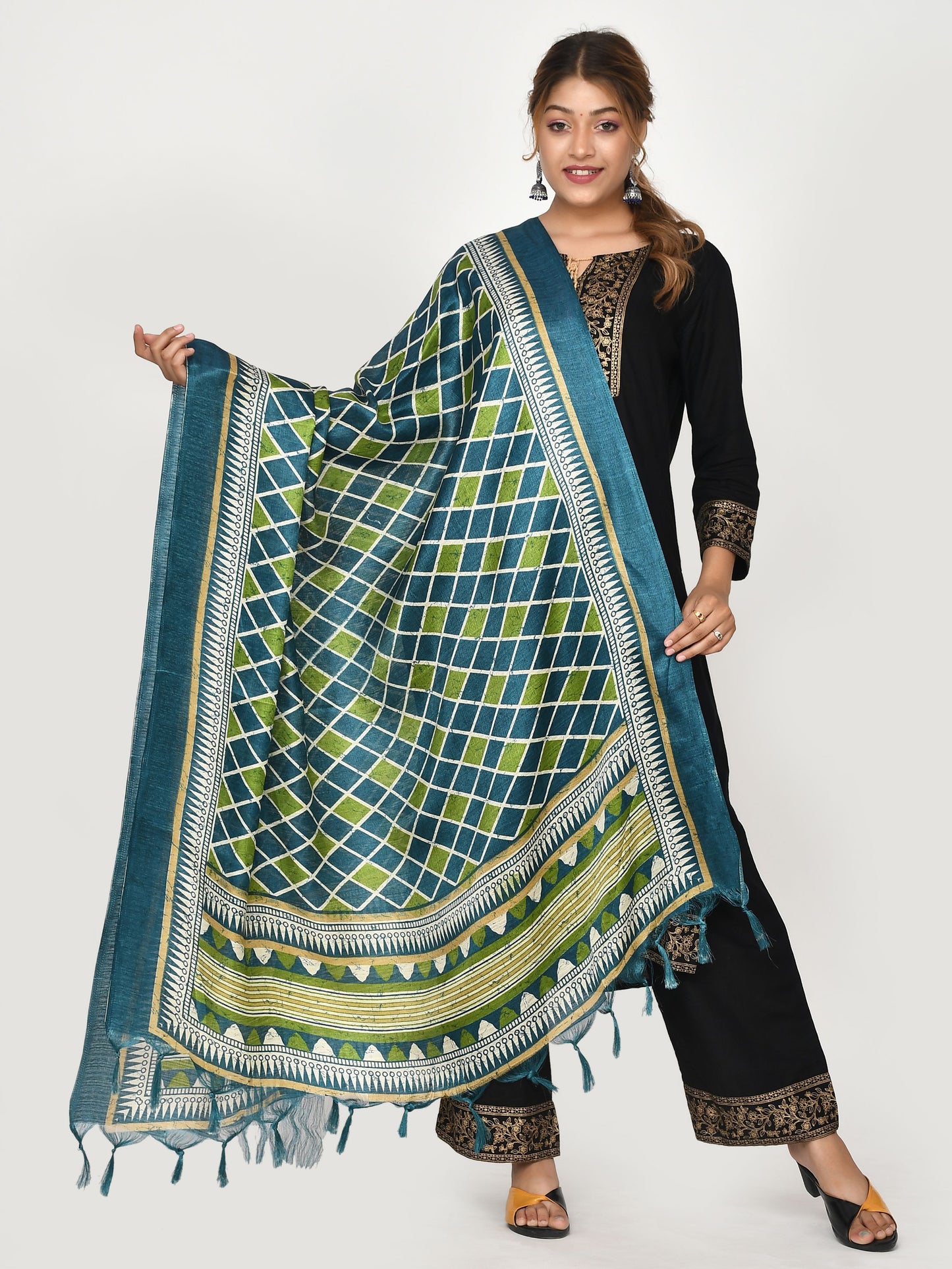 Blue Green Chequered Patola Dupatta - Ethnic Wear for Women Online