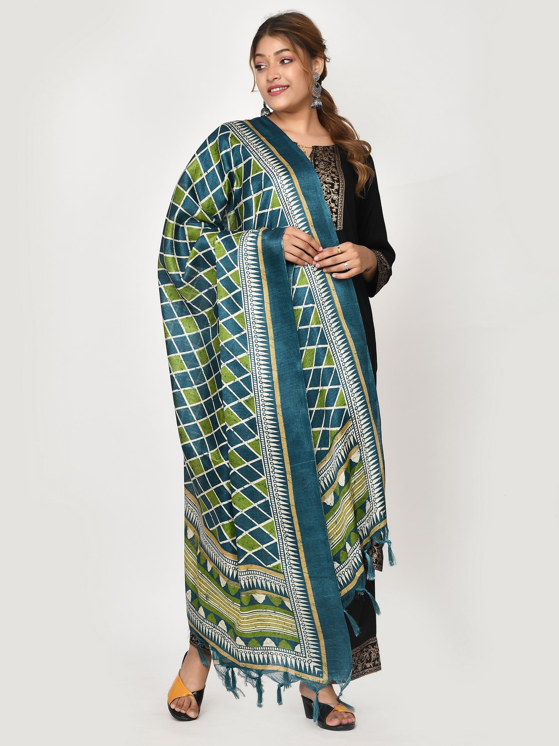 Designer Blue Green Chequered Patola Dupatta