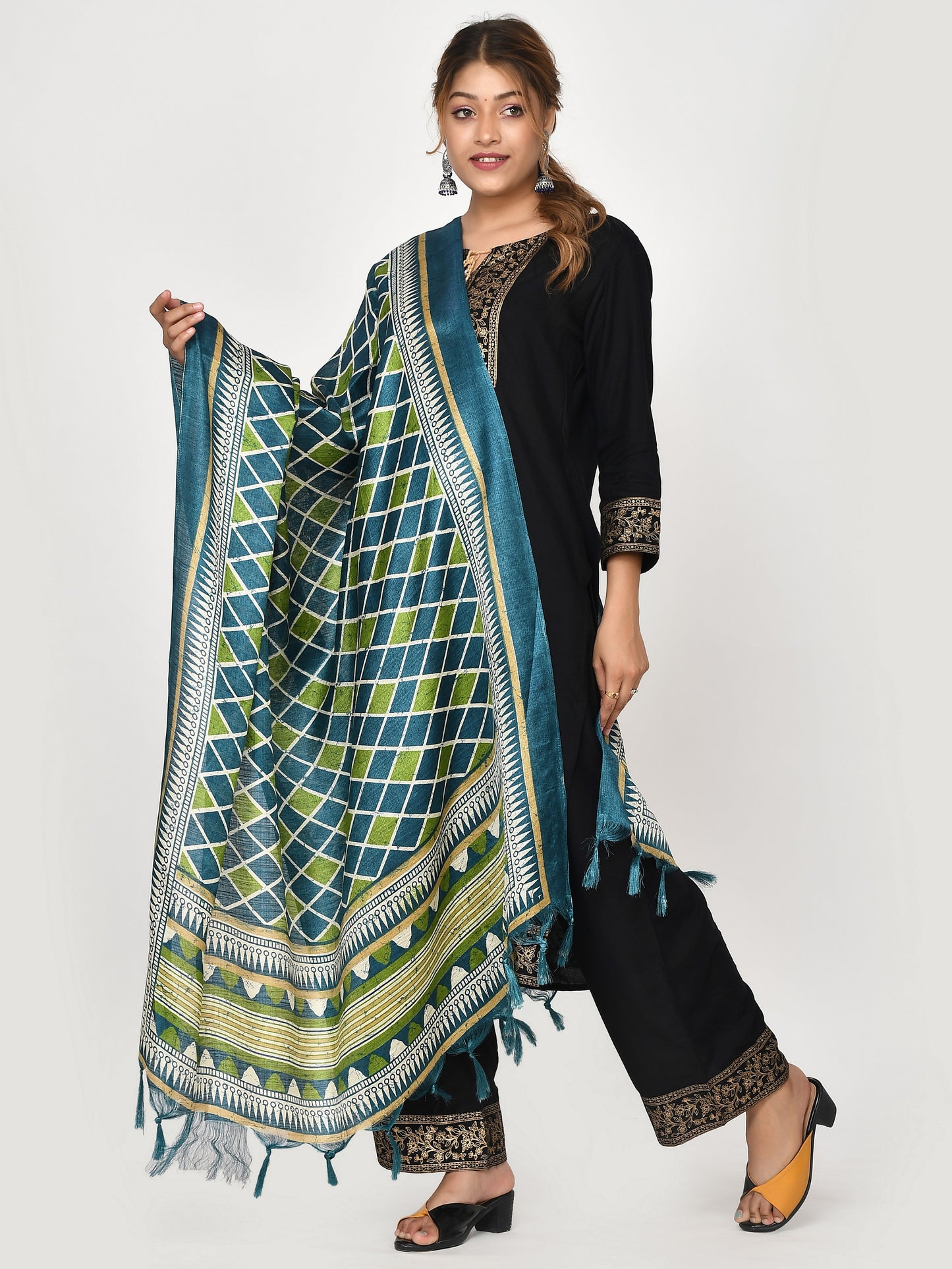 Blue Green Chequered Patola Dupatta