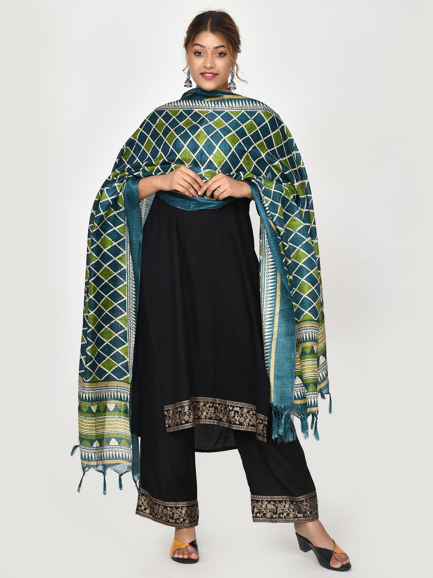 Blue Green Chequered Patola Dupatta