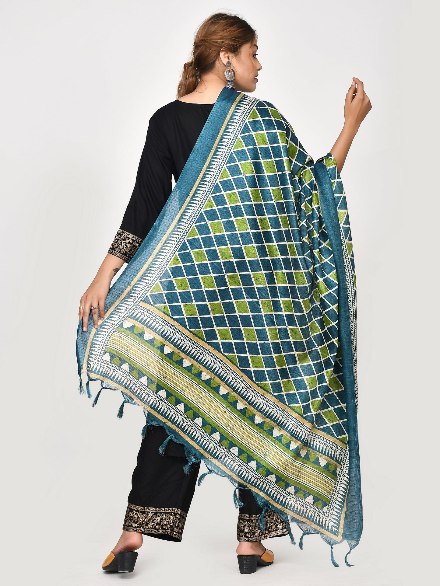 Blue Green Chequered Patola Dupatta