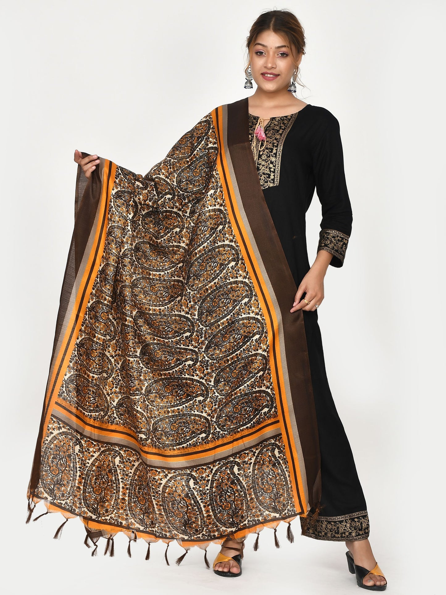 Brown Orange Kalamkari Printed Dupatta - Ethnic Wear for Women Online