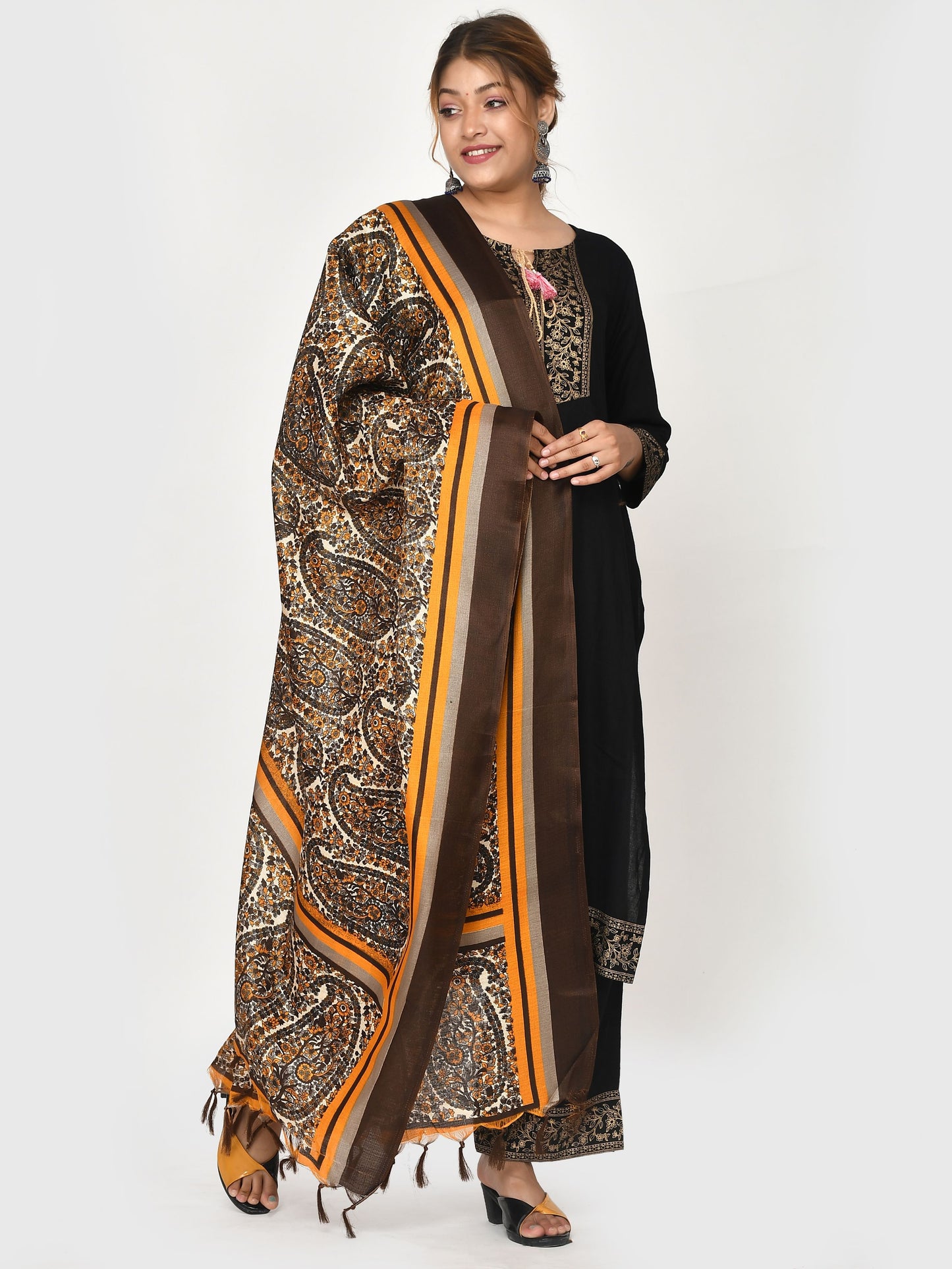 Brown Orange Kalamkari Printed Dupatta