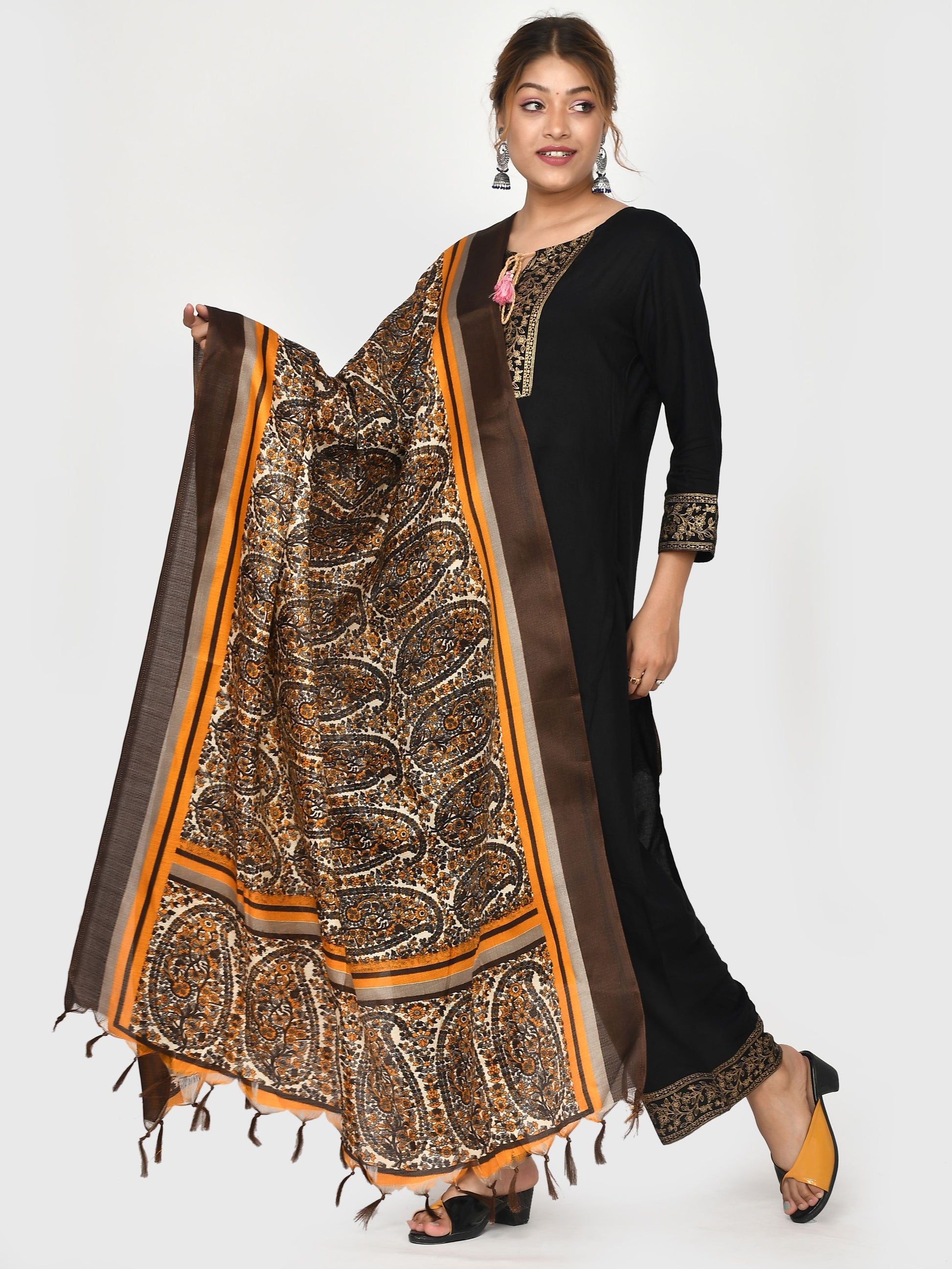 Brown Orange Kalamkari Printed Dupatta