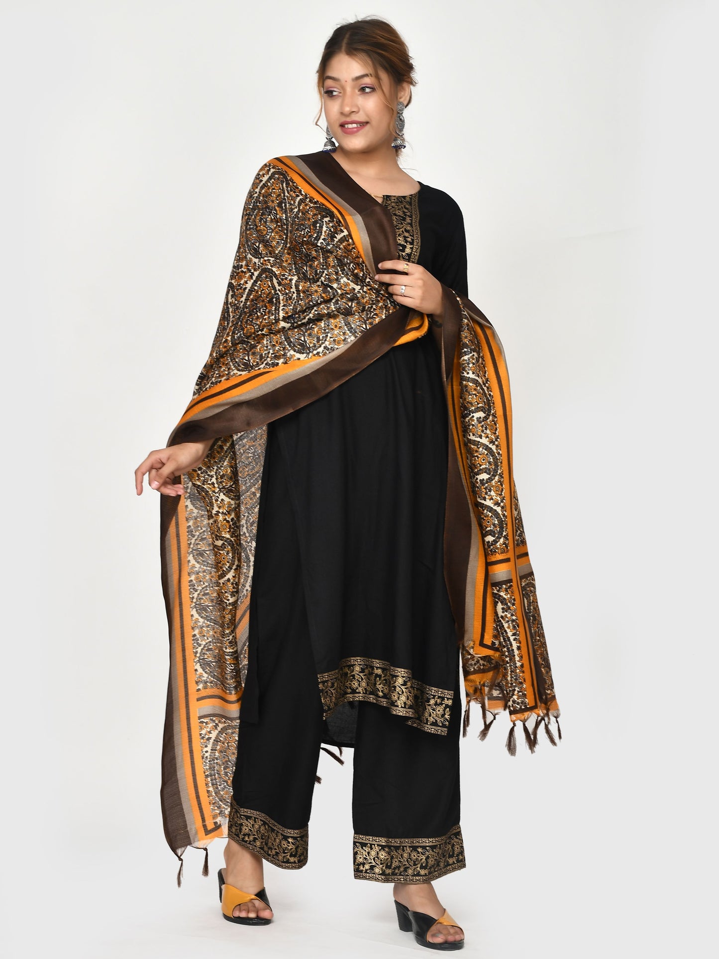 Brown Orange Kalamkari Printed Dupatta