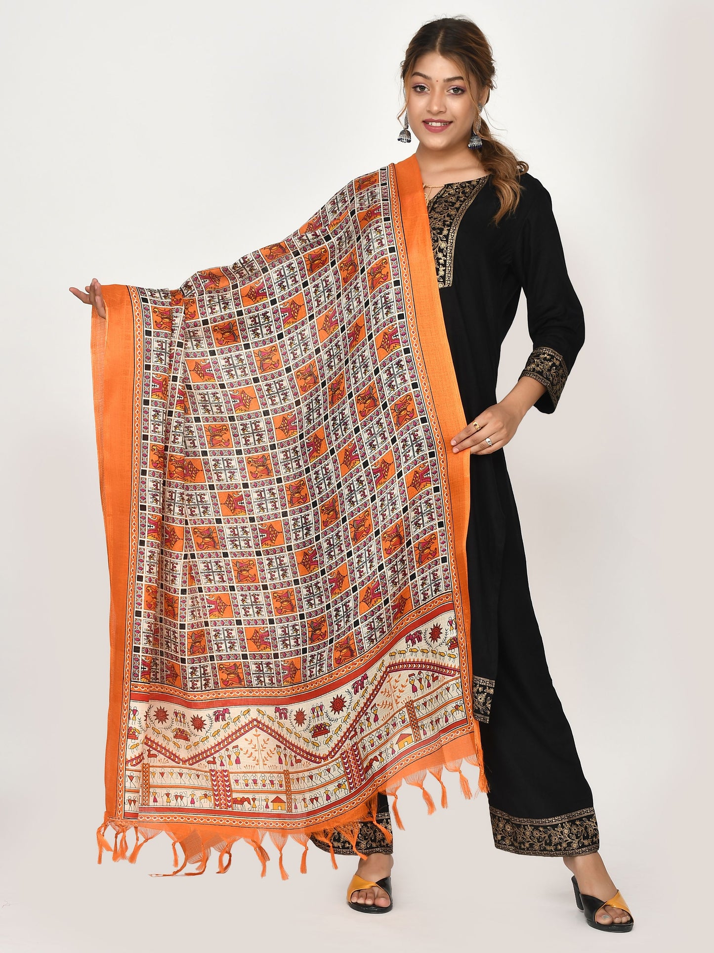 Kesarya Orange & White Kalamkari Patola Printed Dupatta for Women Online