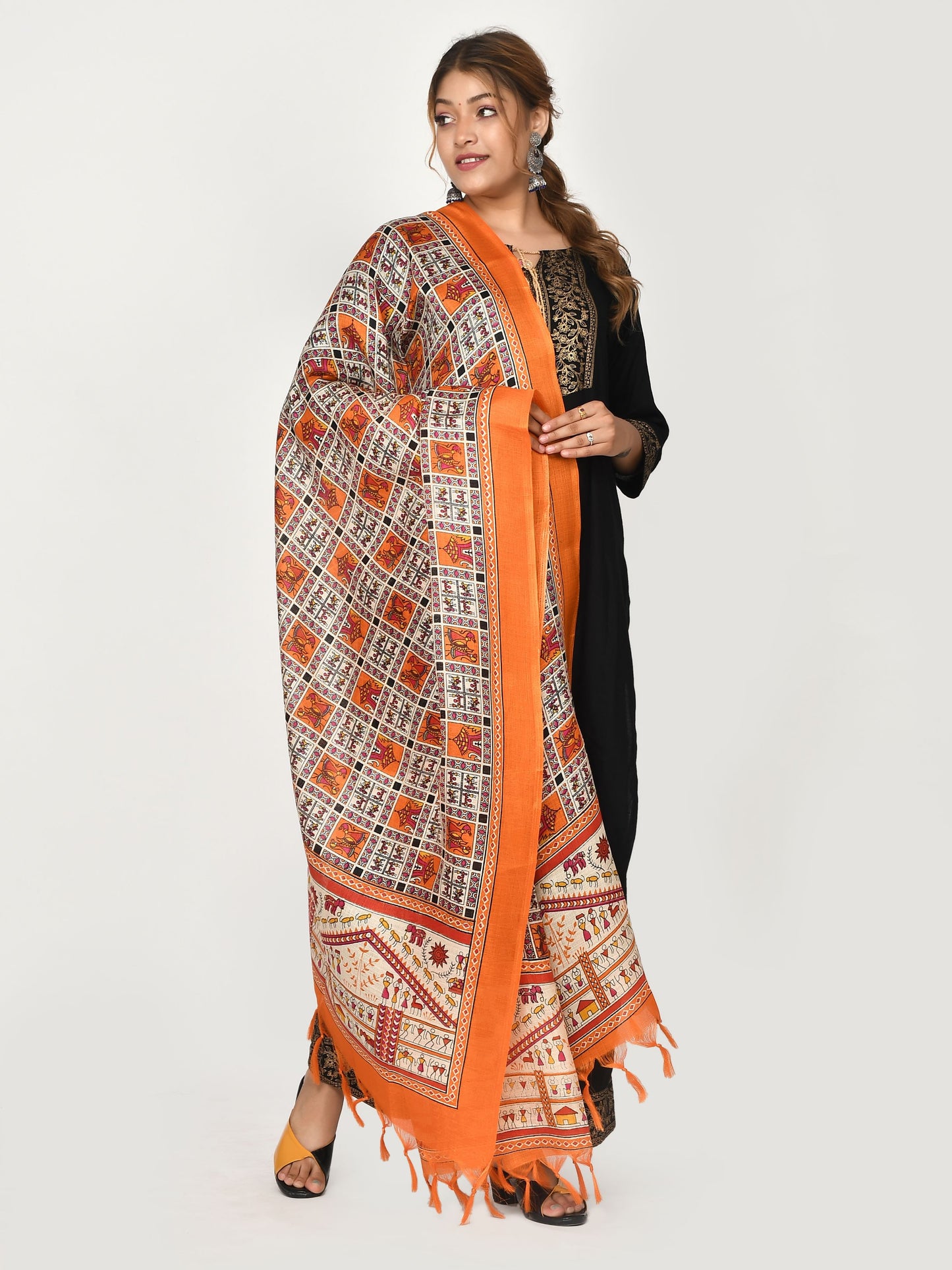 Kesarya Orange White Kalamkari Patola Printed Dupatta