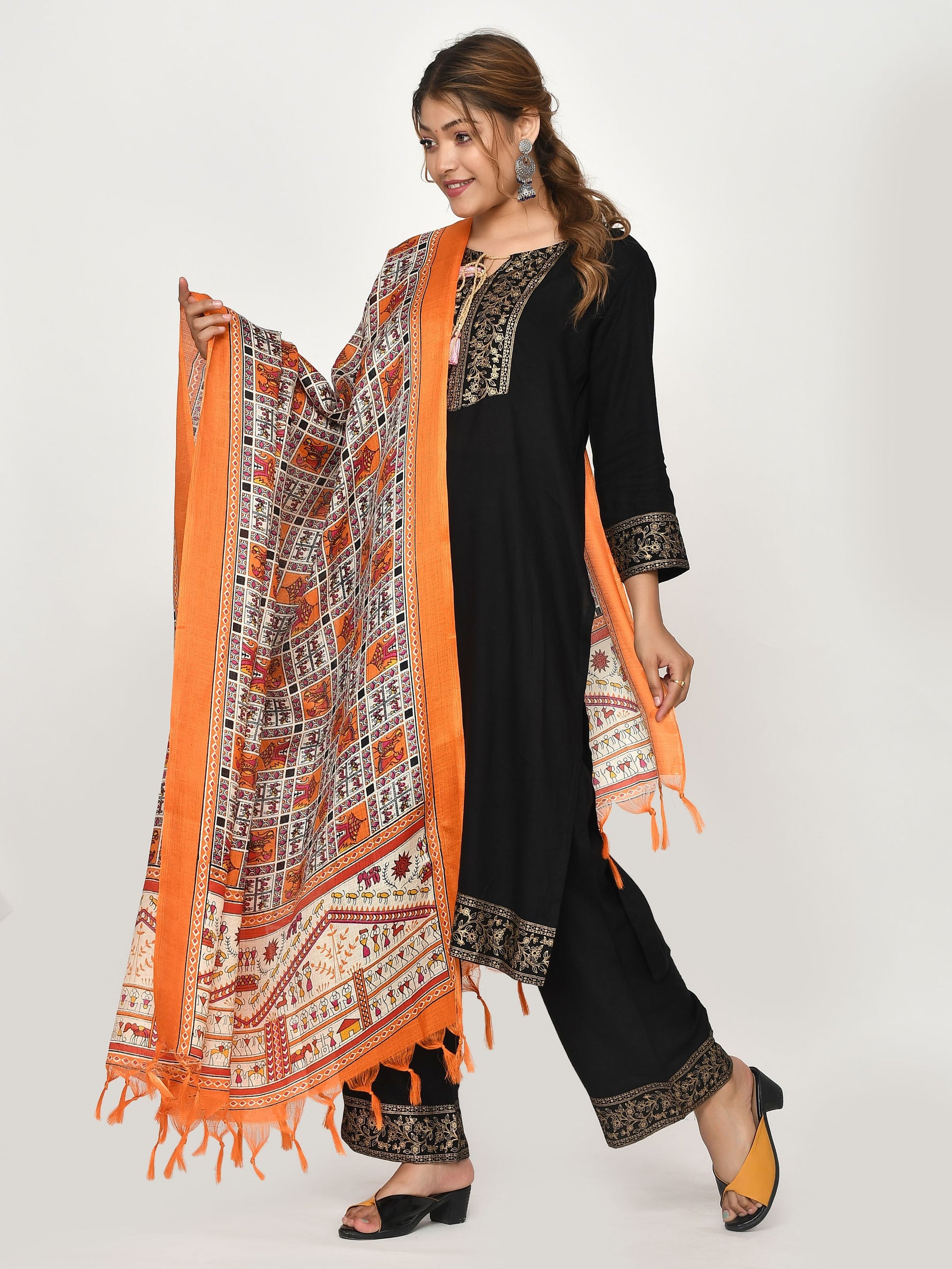 Kesarya Orange White Kalamkari Patola Printed Dupatta