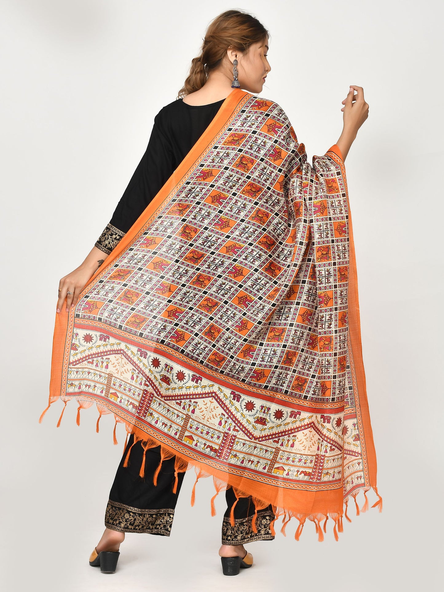 Kesarya Orange White Kalamkari Patola Printed Dupatta