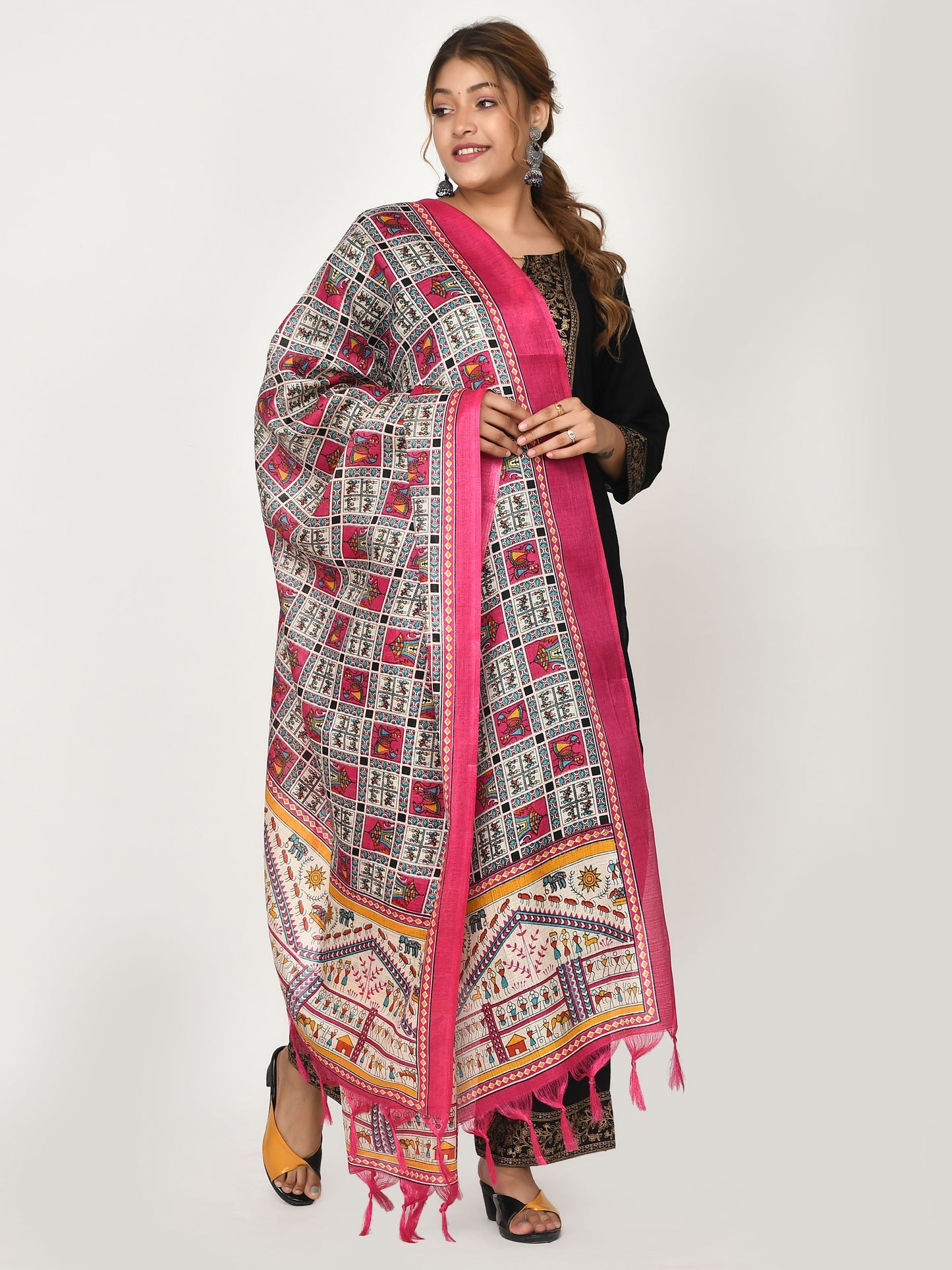 Pink White Kalamkari Printed Dupatta