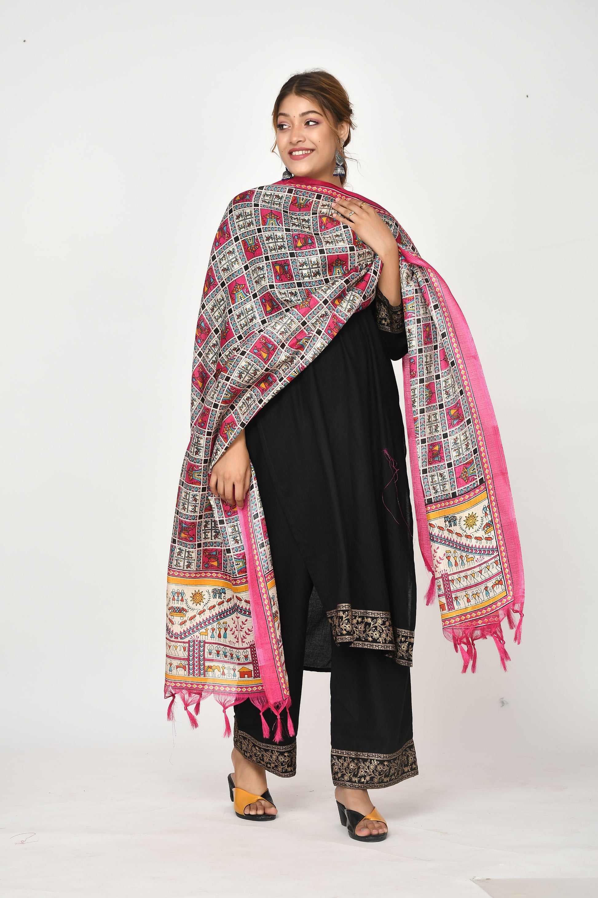 Pink White Kalamkari Printed Dupatta