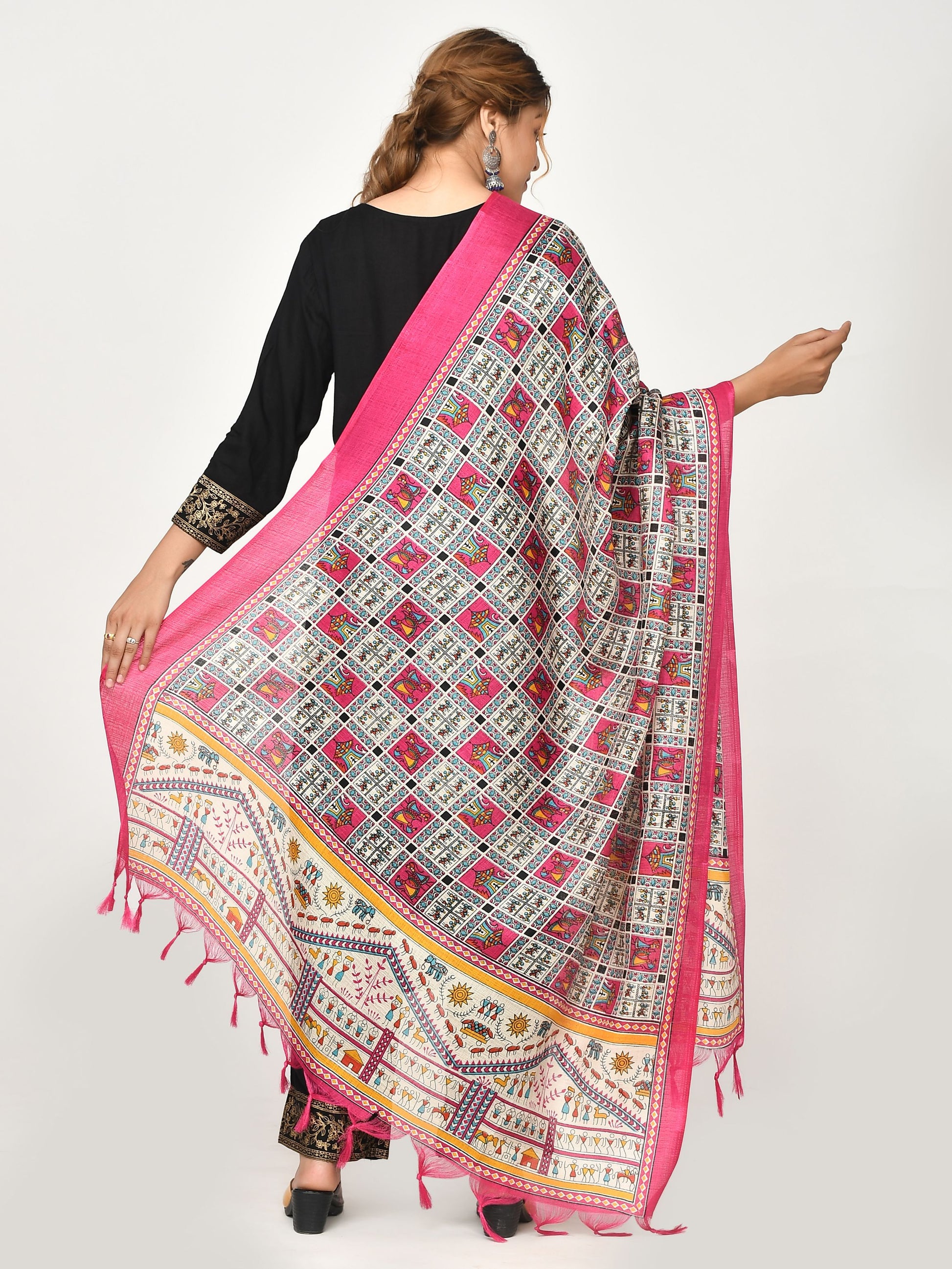 Pink White Kalamkari Printed Dupatta