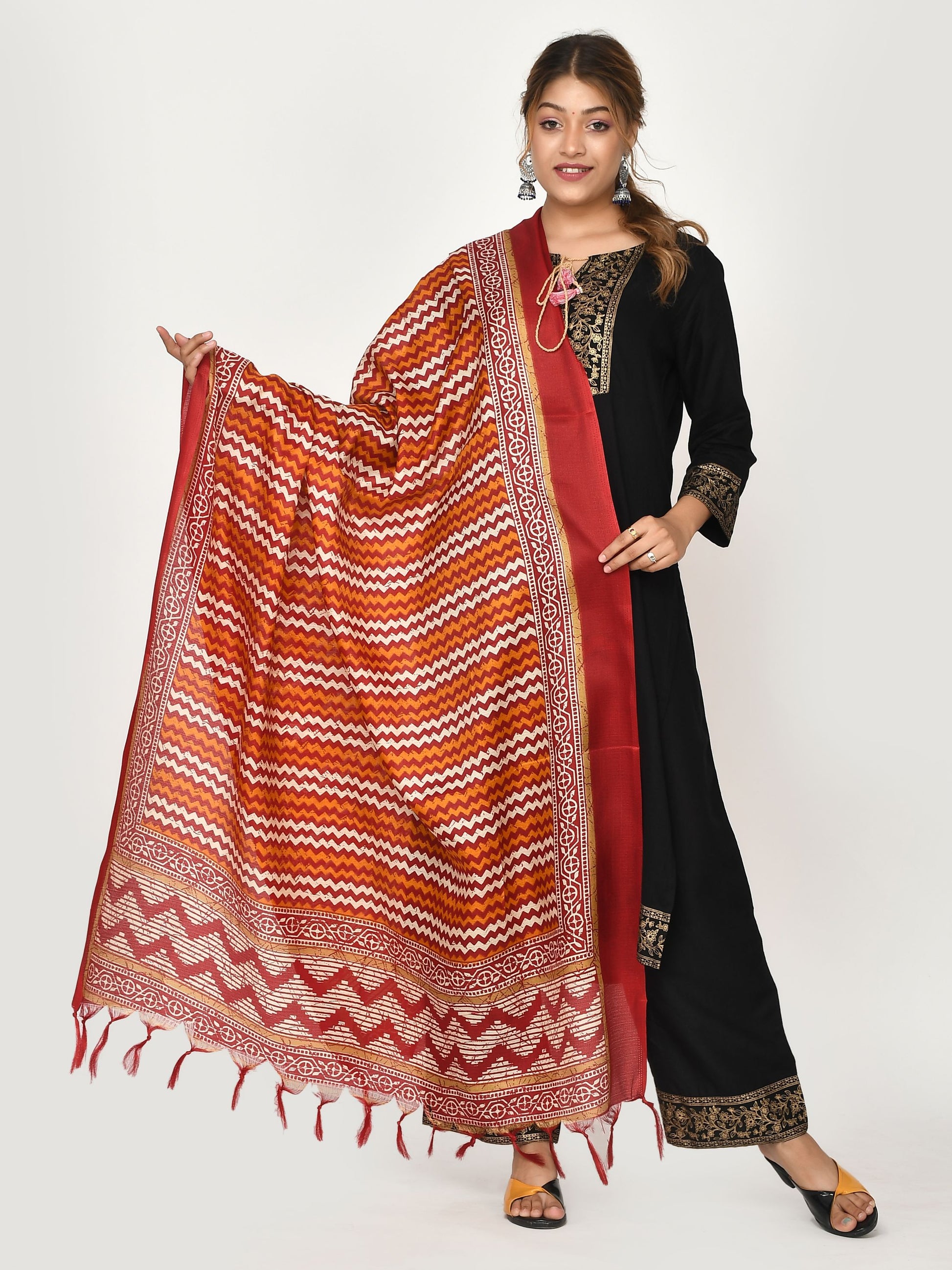 Red Orange Geometric Printed Silk Dupatta for Women Online