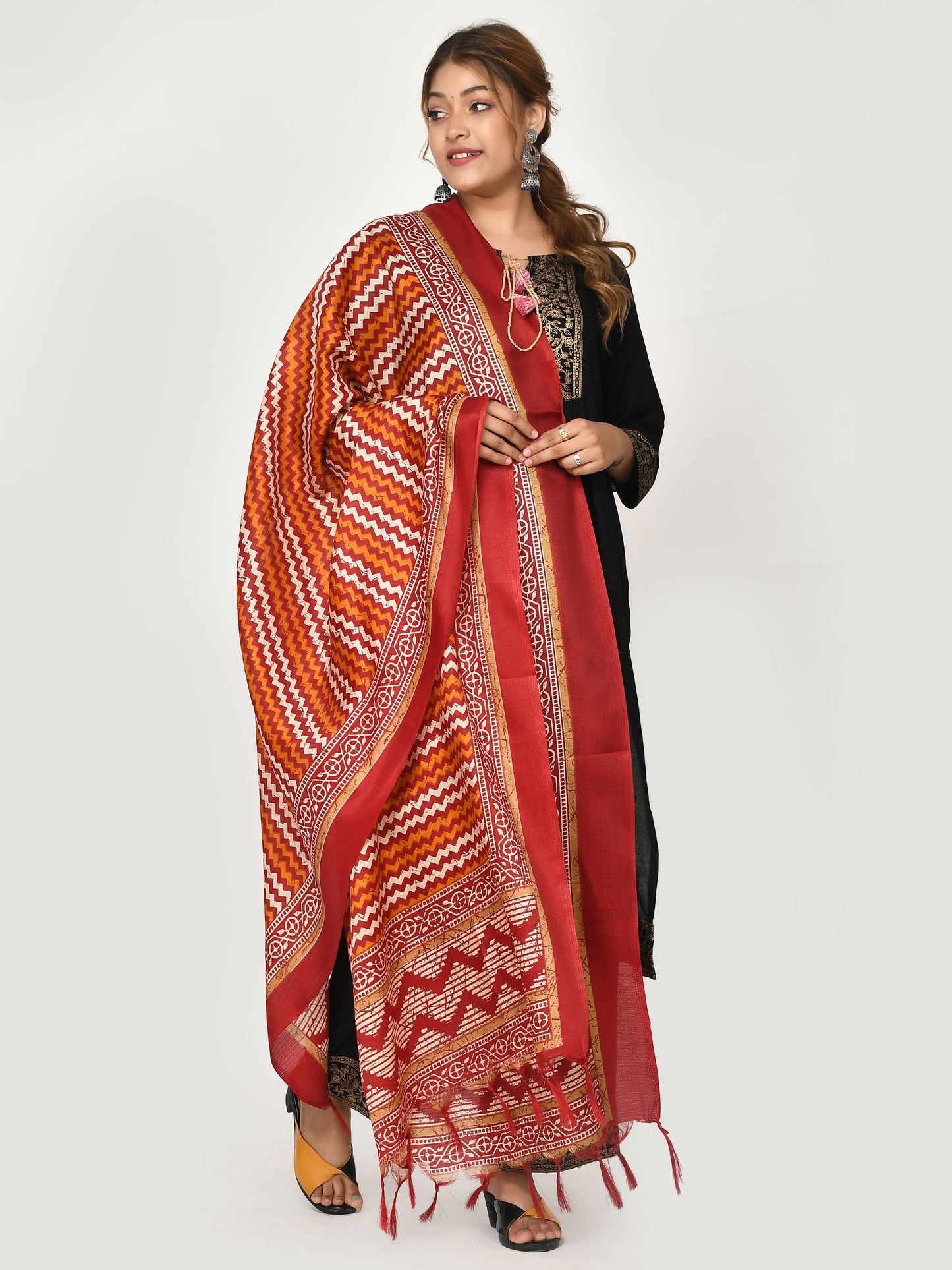 Red Orange Geometric Printed Silk Dupatta