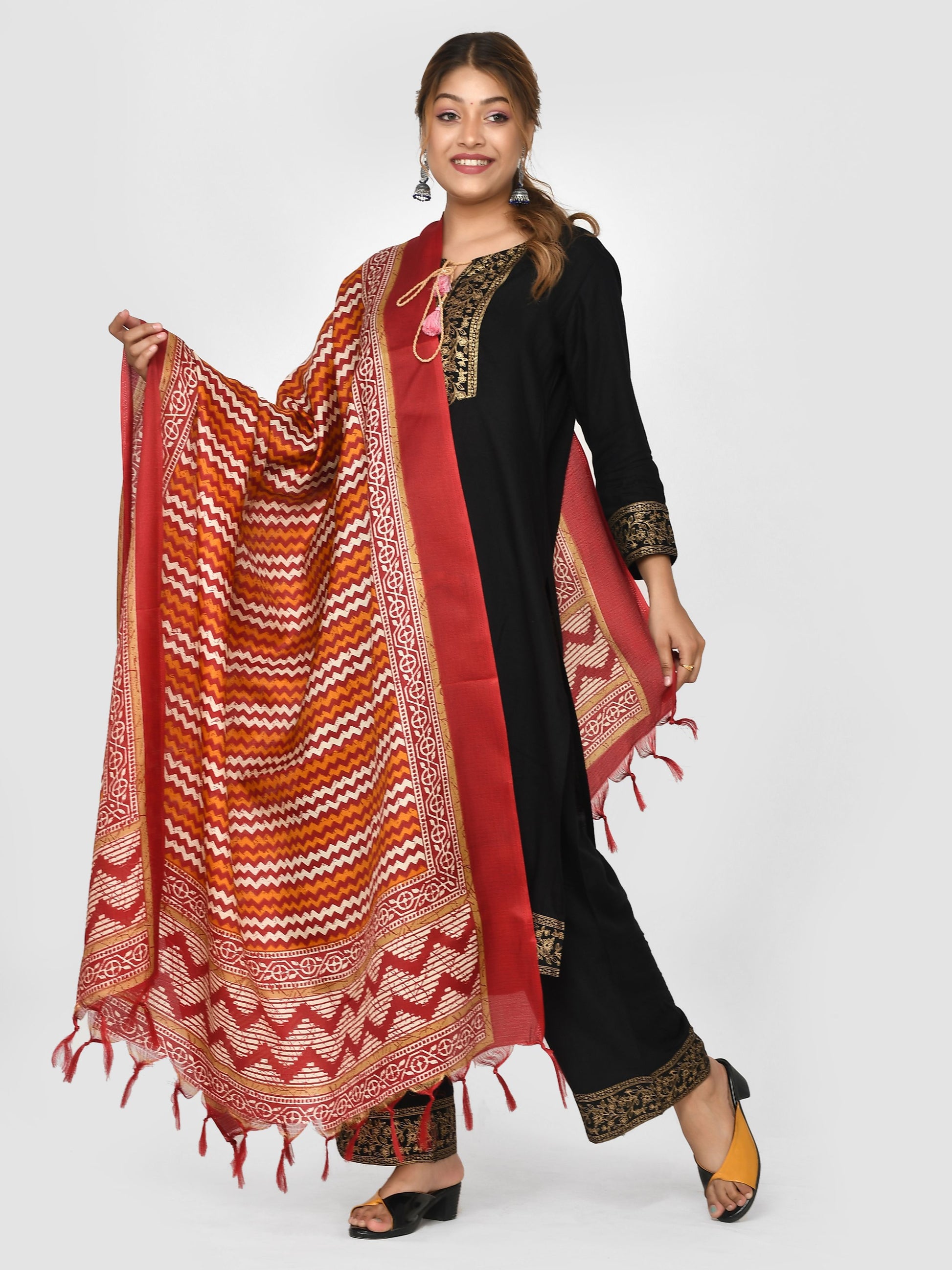 Red Orange Geometric Printed Silk Dupatta