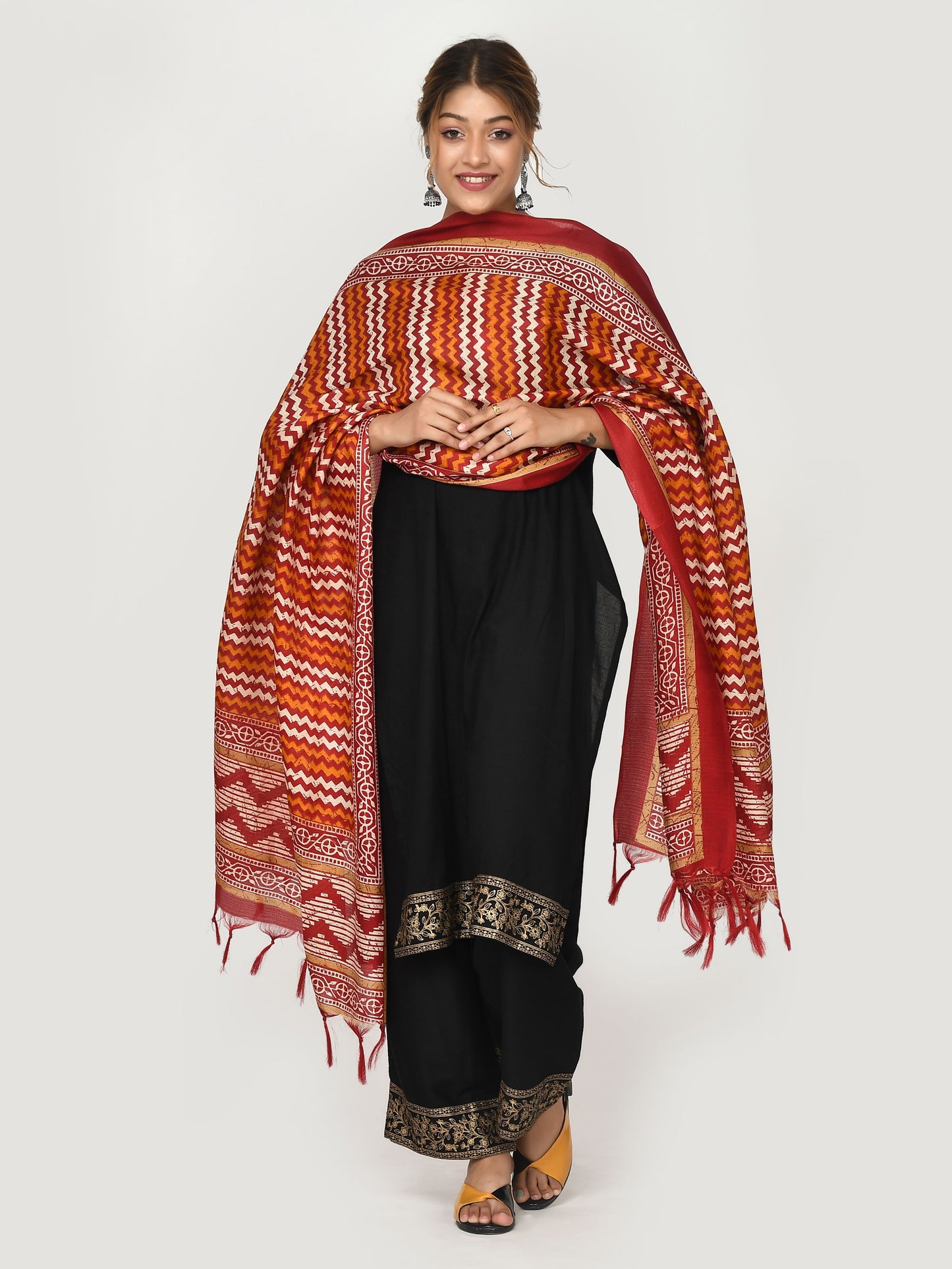 Red Orange Geometric Printed Silk Dupatta