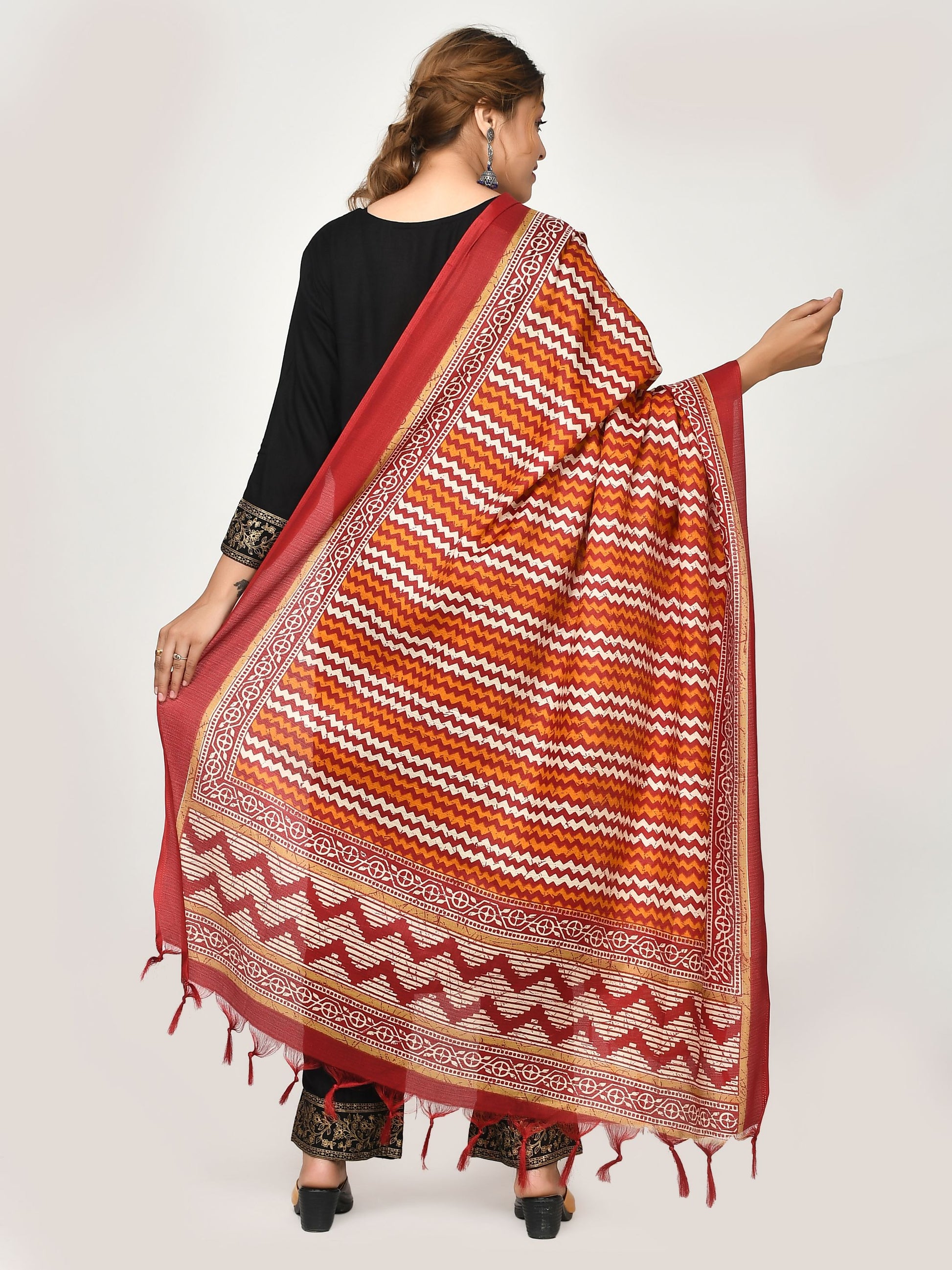 Red Orange Geometric Printed Silk Dupatta