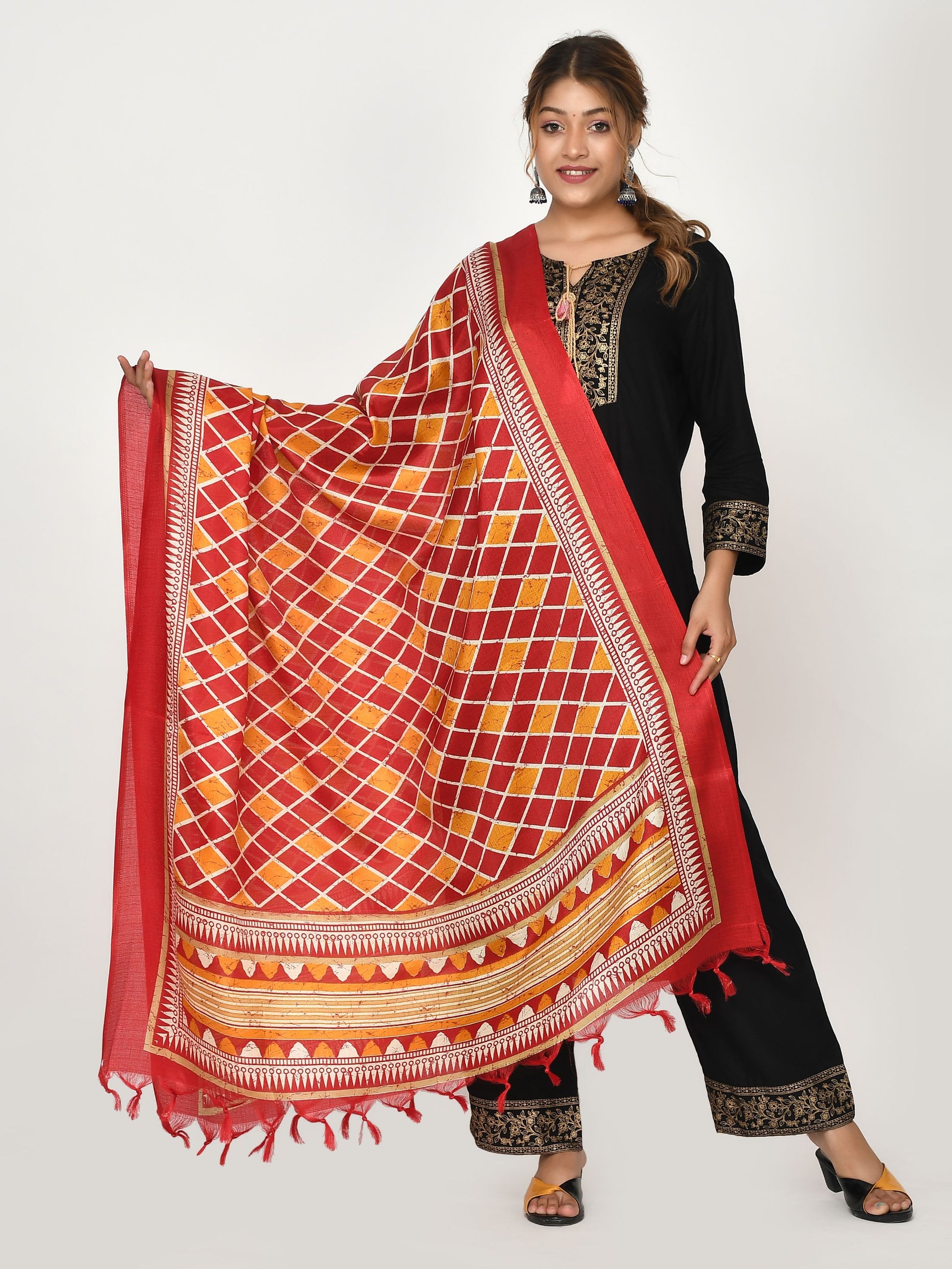 Designer Orange red chequered patola dupatta