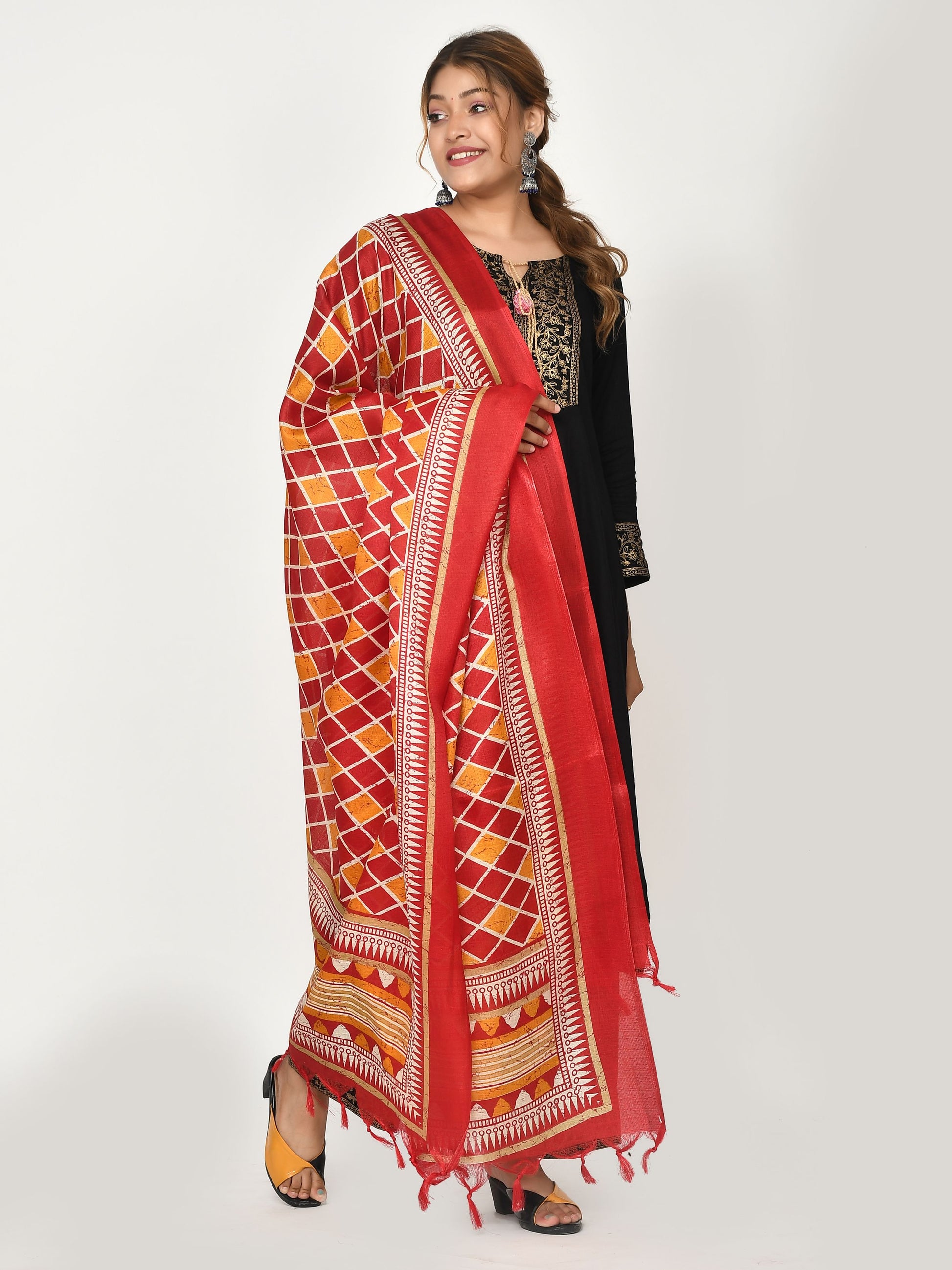 Orange Red Chequered Patola Dupatta