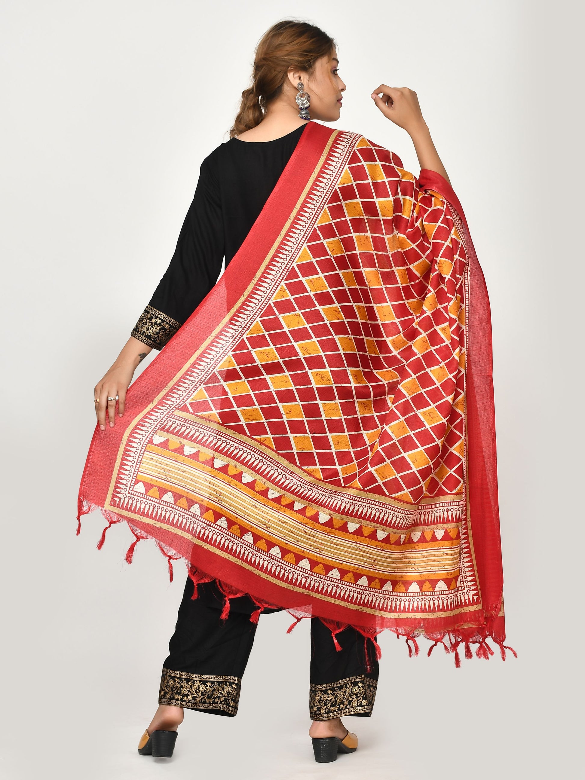 Orange Red Chequered Patola Dupatta