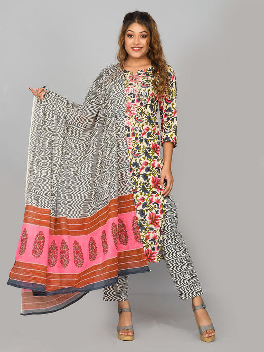Multi Colored Floral Printed Kurta With Trouser and Dupatta Kurta Set for Women Online