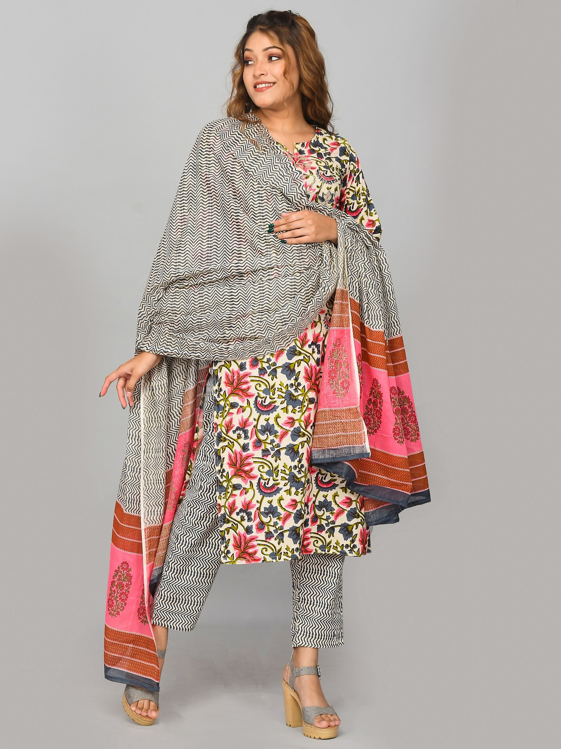 Multi Colored Floral Printed Kurta With Trouser And Dupatta