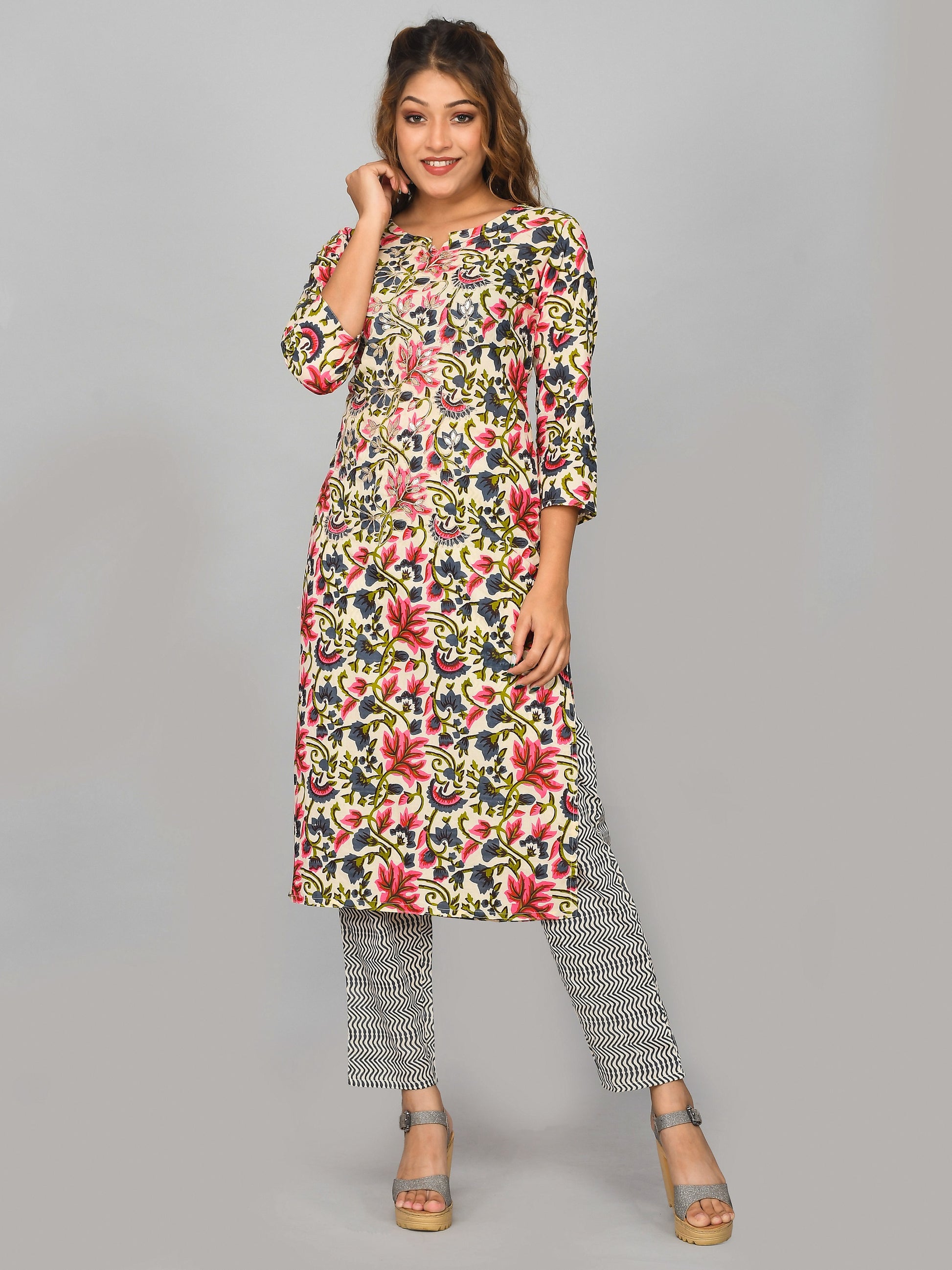 Multi Colored Floral Printed Kurta With Trouser And Dupatta
