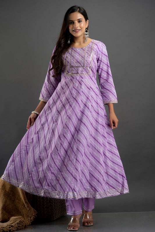 Purple Lehriya Anarkali Heavy Work Kurta With Trousers and Dupatta Kurta Set for Women Online
