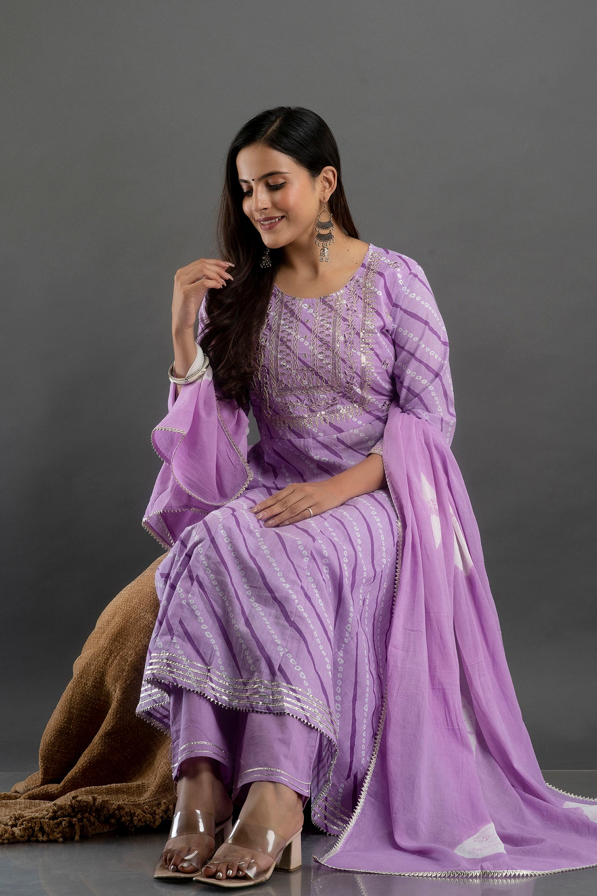 Designer Purple Lehriya Anarkali Heavy work Kurta with trousers and Dupatta kurta set