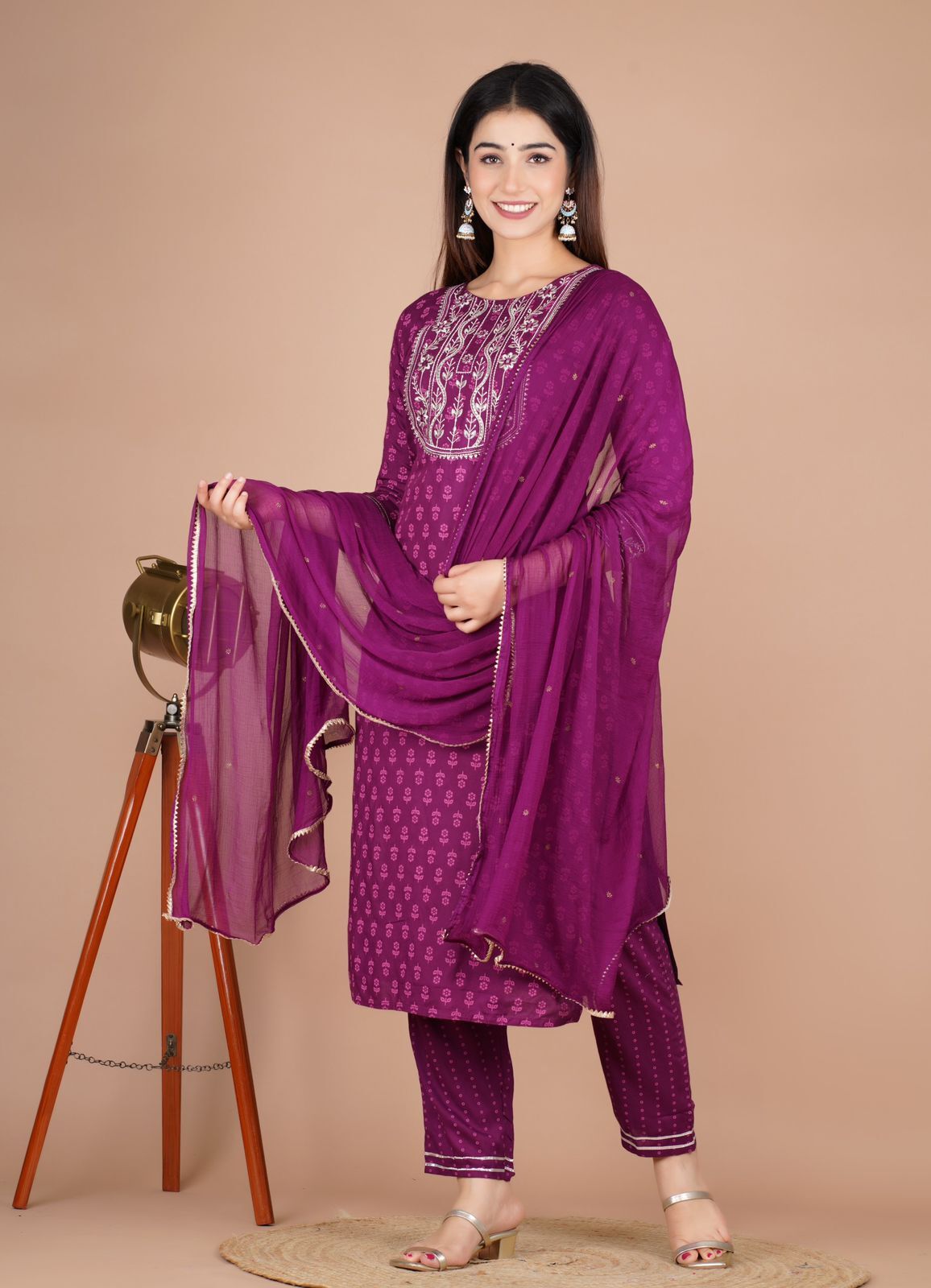 Burgundy Wine Pure Cotton Zari Embroidery With Dupatta Kurta Set for Women Online