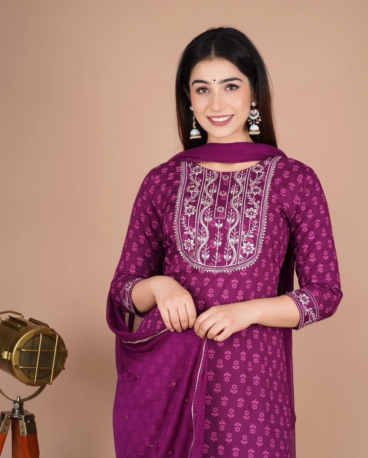 Burgundy Wine Pure Cotton Zari Embroidery Kurta Set With Dupatta